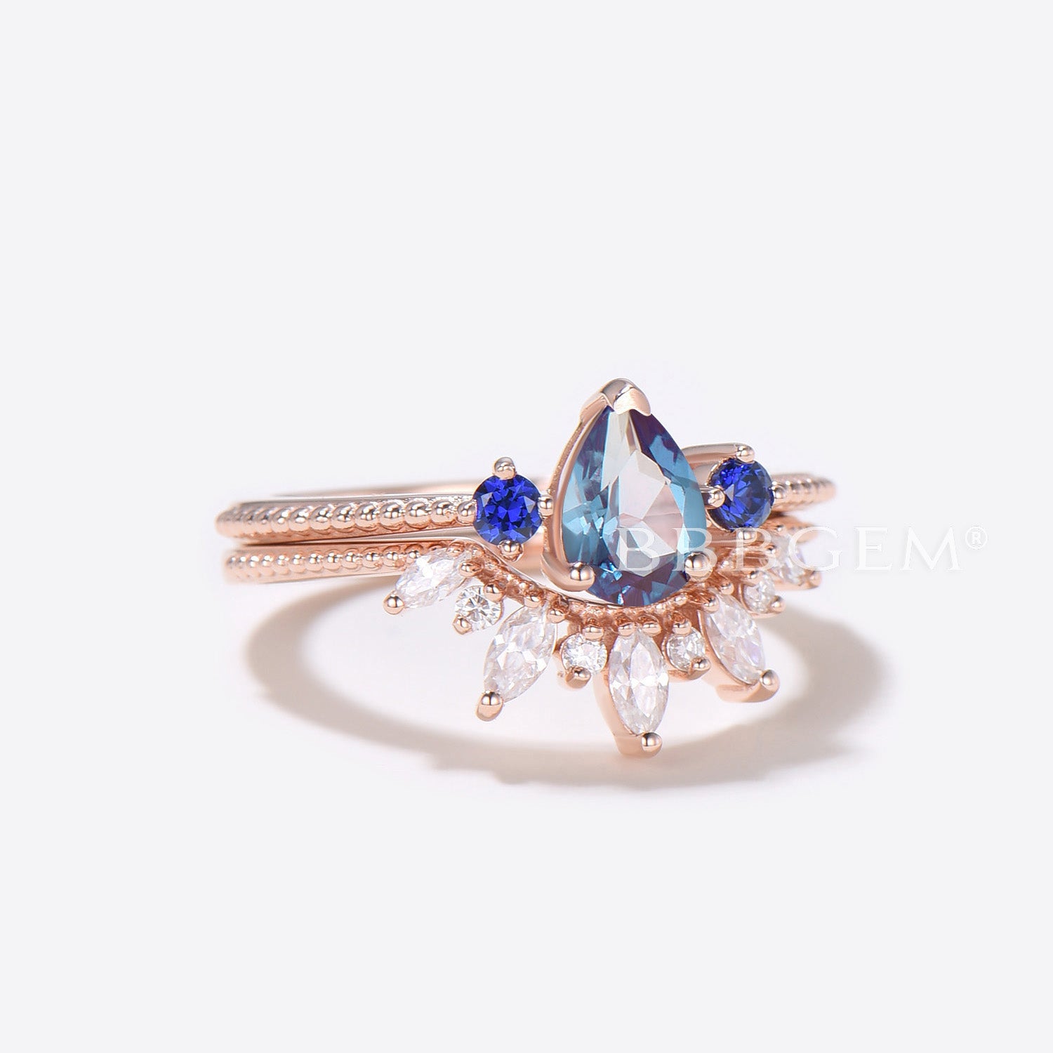 Vintage Pear Shaped Alexandrite & Sapphire Engagement Ring Set with Moissanite/Diamond Matching Band - Perfect for Wedding, Anniversary & Proposal Gifts