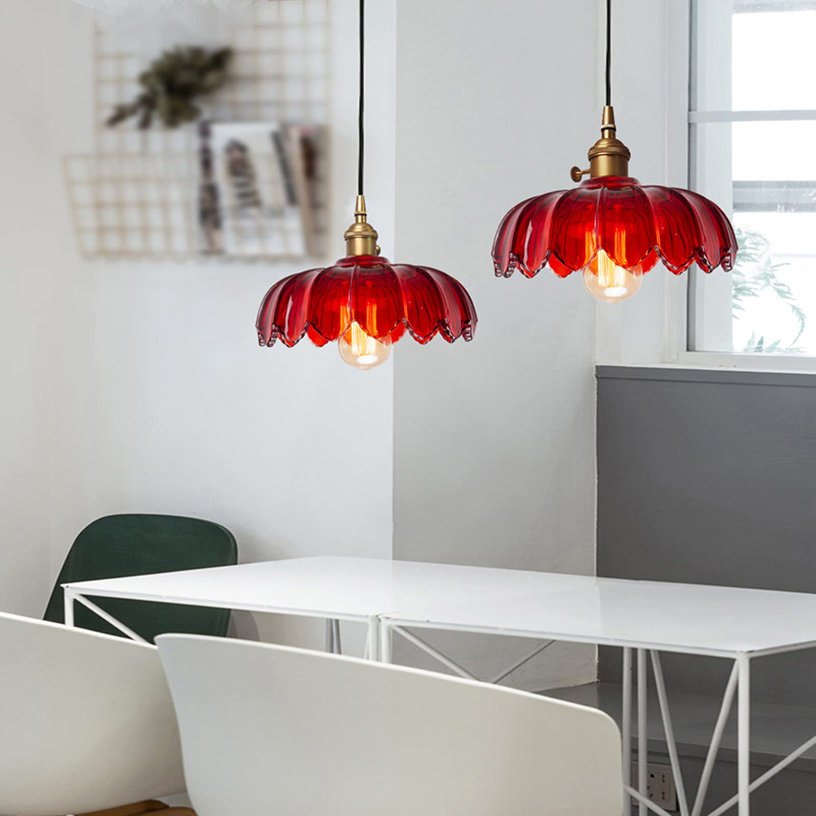 Vintage Industrial Pendant Light with Glass Lotus Shade - Farmhouse Ceiling Hanging Lamp in Brass Finish (Red) - Perfect for Dining Room, Kitchen Island, or Entryway Lighting