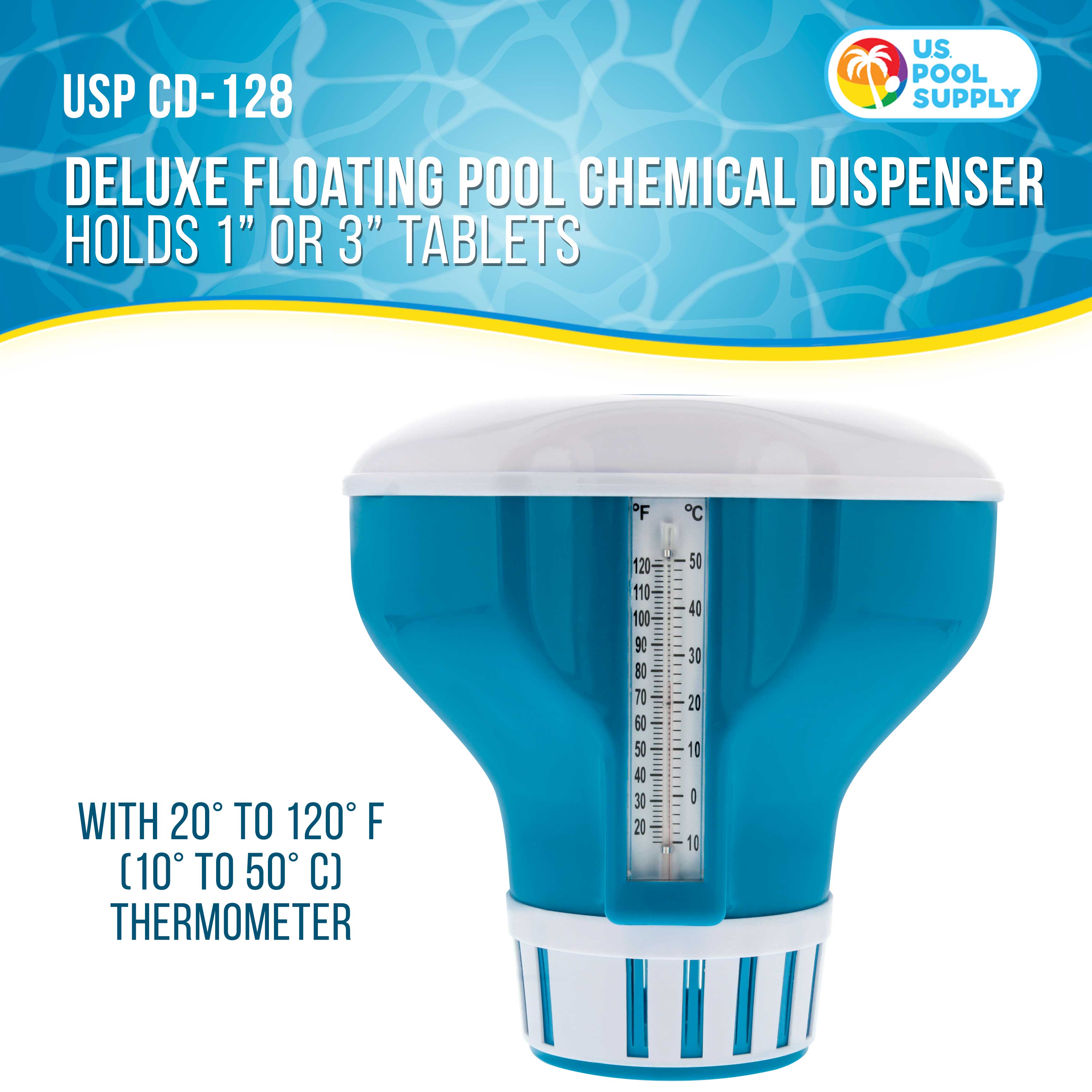 U.S. Pool Supply® Large Floating Chlorine Dispenser with 120°F Thermometer - 7-Inch Diameter, Holds 3 Chlorine Tablets, Adjustable Chemical Release for Swimming Pools | Perfect for Inground & Above Ground Pool Maintenance