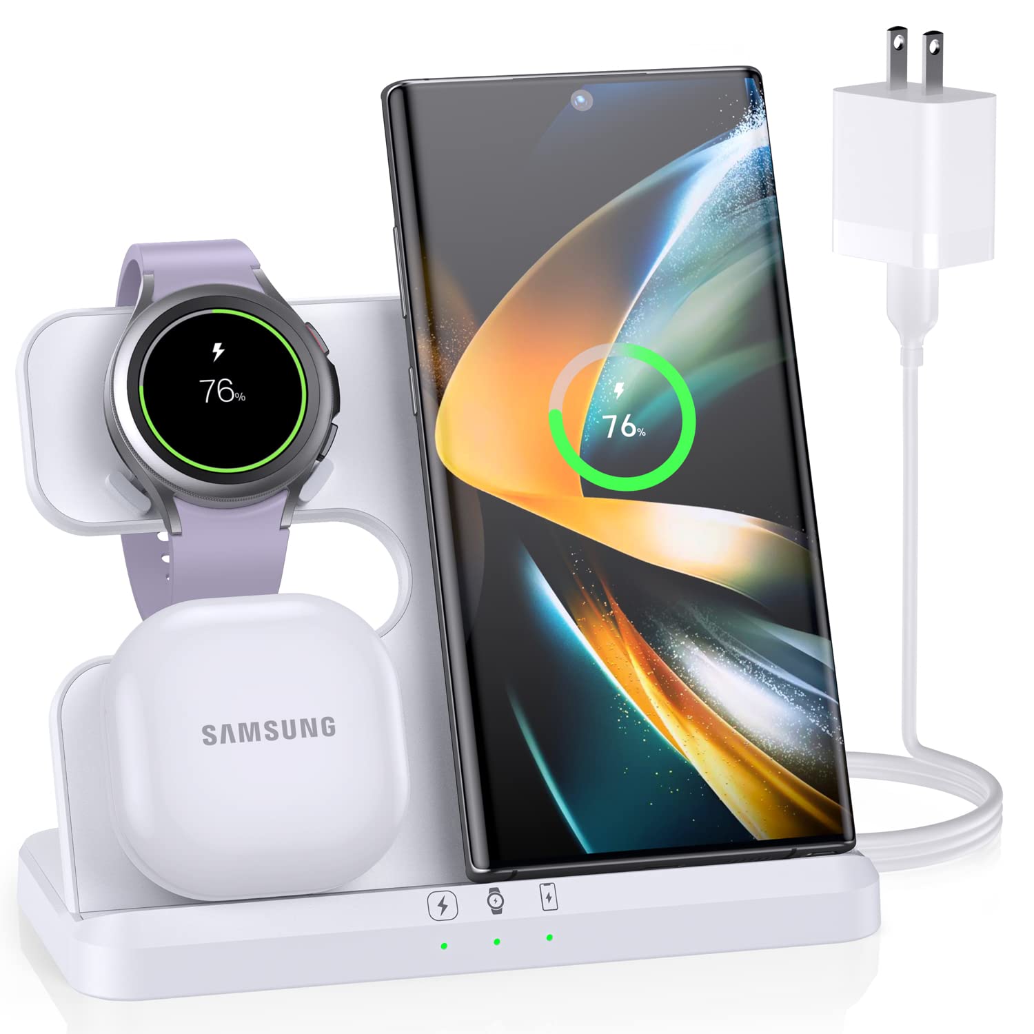 3-in-1 Wireless Charging Station for Samsung Galaxy Z Flip 4/3, Z Fold 4, S22/S21/S20, Note20 - Fast Charger Compatible with Galaxy Watch 5/4/3 & Galaxy Buds (White) | Perfect for Home, Office & Travel Charging