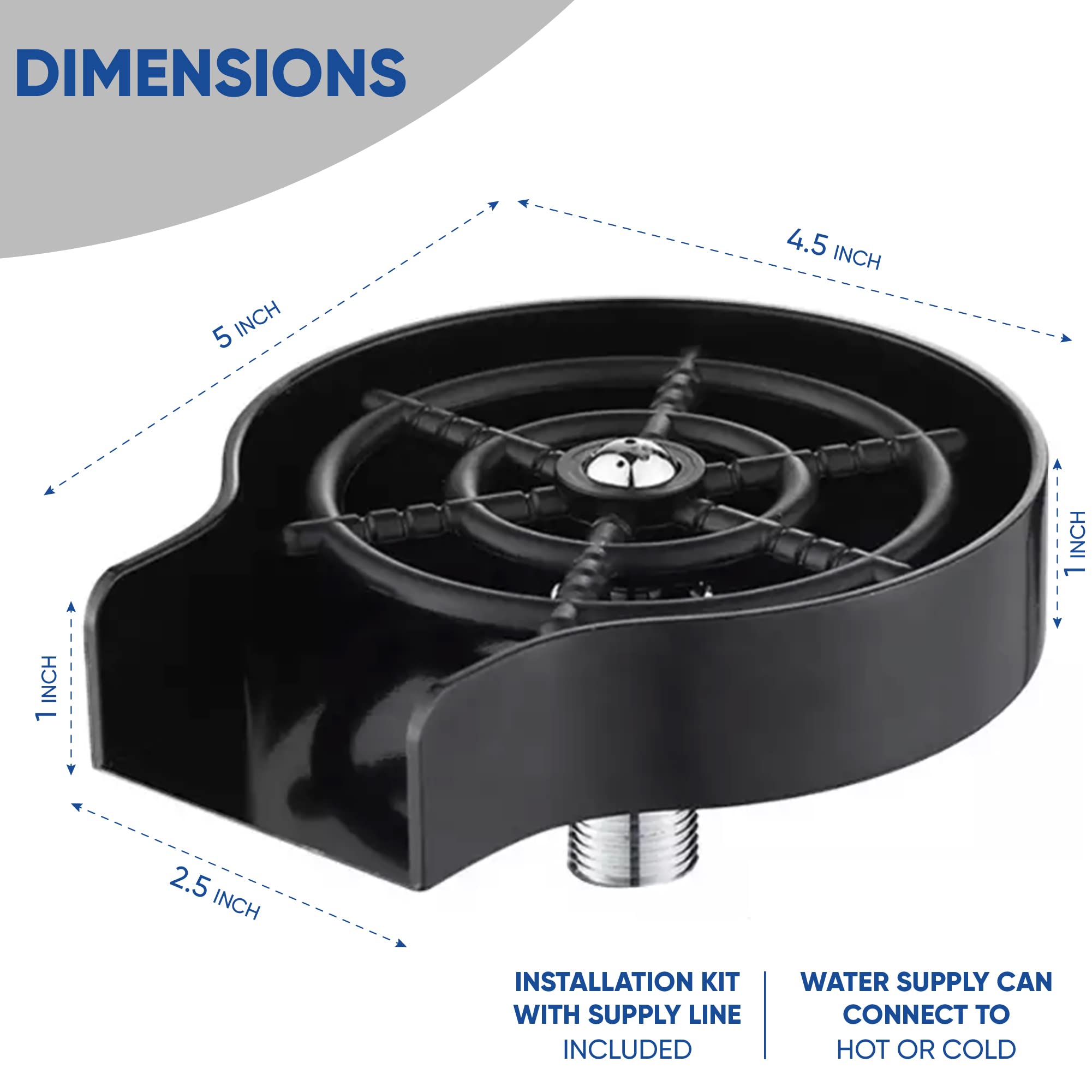 Stainless Steel Glass Rinser for Kitchen Sink - Powerful Cup & Wine Glass Washer with 360° Spray Nozzle - Black Metal Base Sink Accessory with Free Drying Mat - Perfect for Bar, Restaurant & Home Kitchen Use