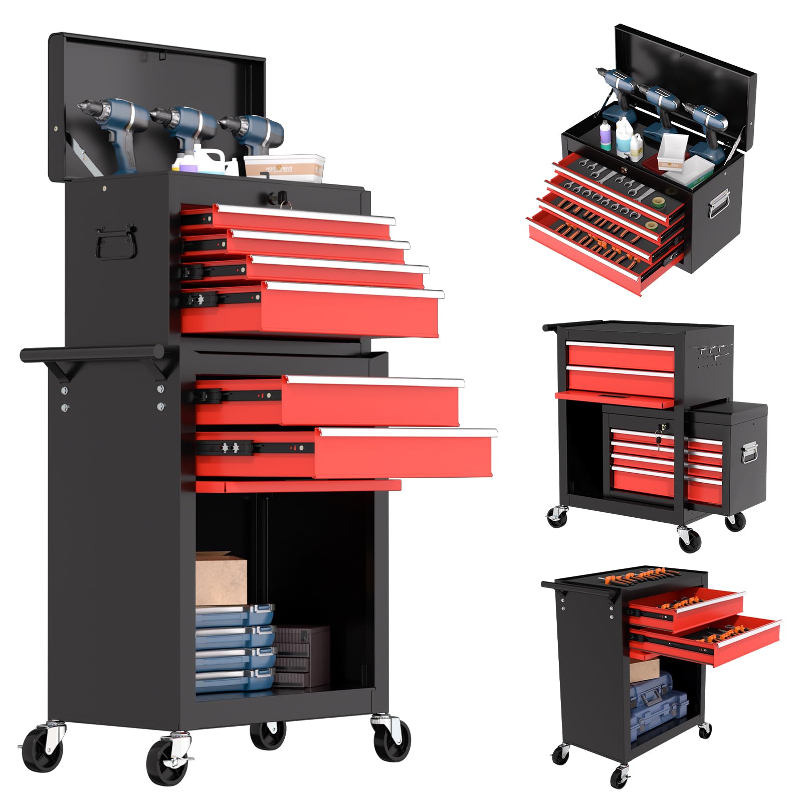 6-Drawer Heavy Duty Rolling Tool Chest - 2-in-1 Lockable Metal Tool Storage Cabinet with Wheels & Removable Drawers for Mechanics, Garage, Workshop | Perfect for Automotive Repair, Home DIY Projects & Professional Tool Organization