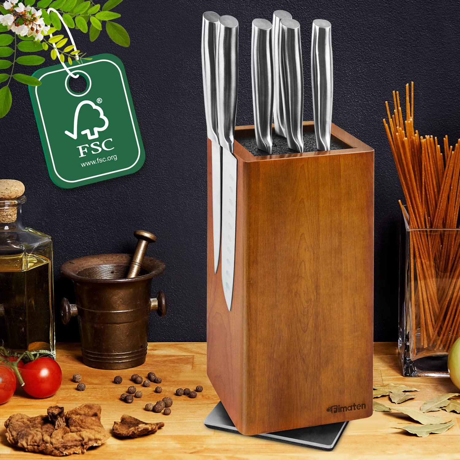 360° Rotatable Magnetic Knife Holder - Universal Acacia Wood Knife Block with Extra Strong Magnets for Knives & Utensils | Space-Saving Kitchen Organizer for Countertops, Drawers & Small Kitchens