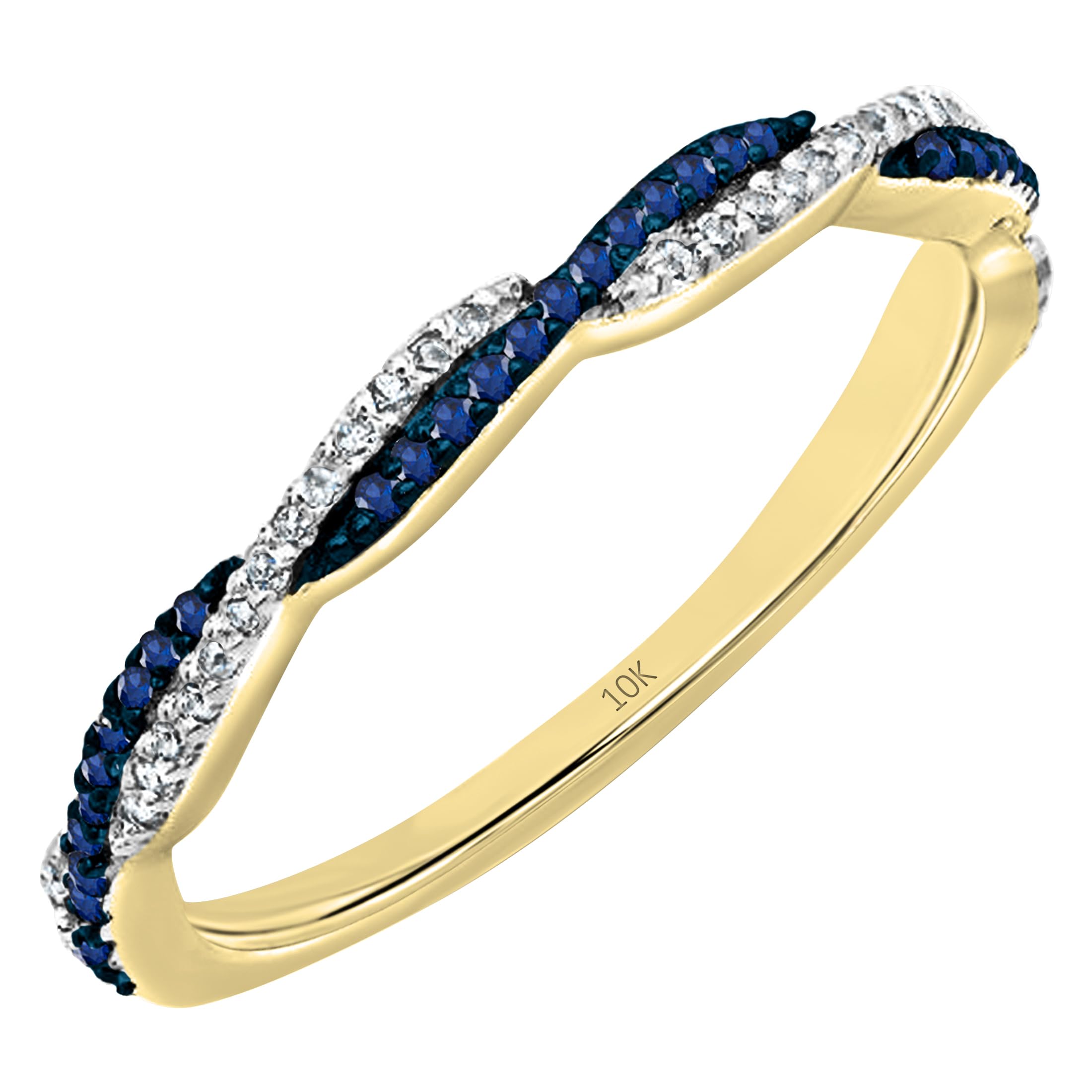 10K Solid Gold Round Blue Sapphire & White Diamond Swirl Stackable Ring for Women | Dazzlingrock Collection | Perfect for Weddings, Anniversaries & Special Occasions