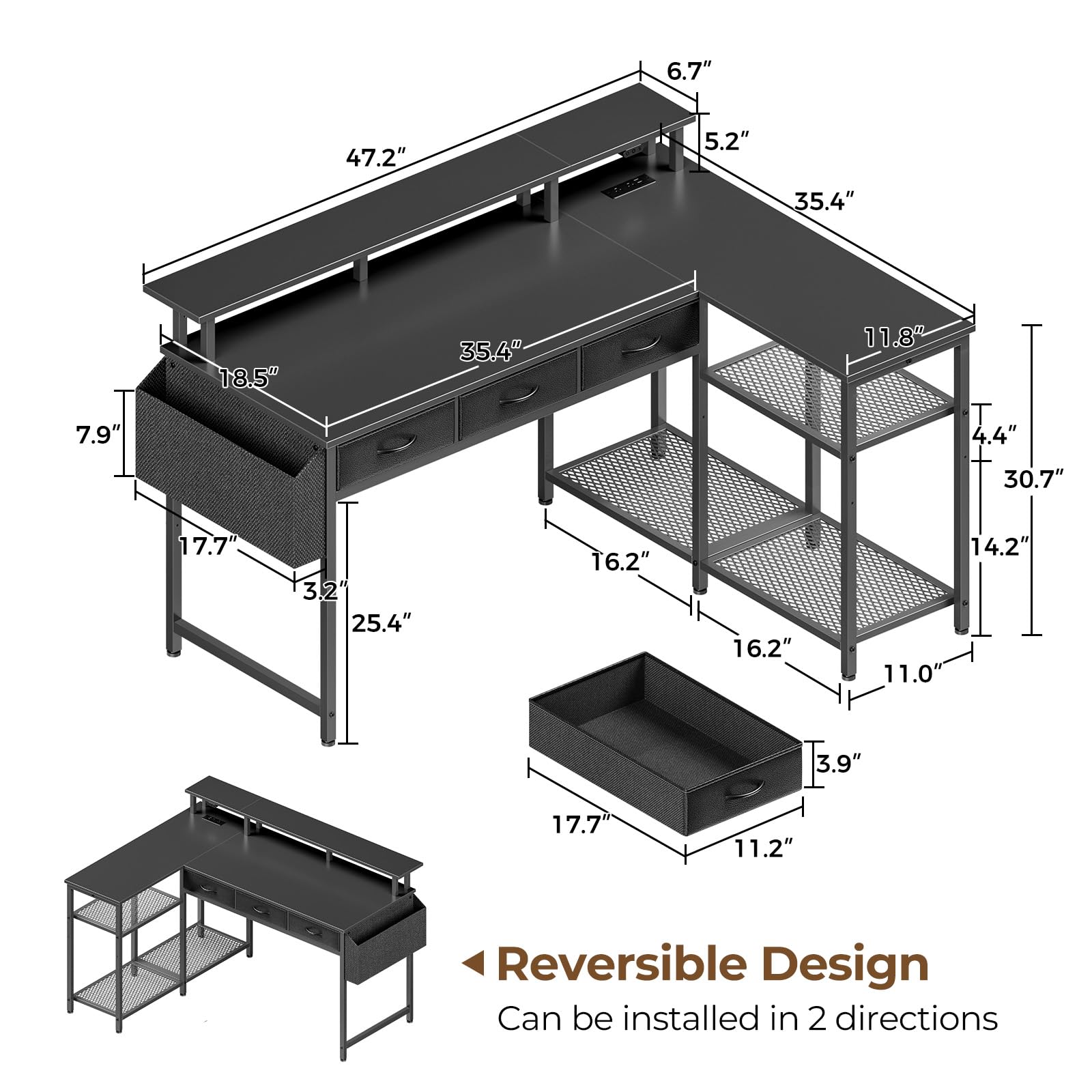 Seventable L-Shaped Computer Desk with Storage Drawers & Shelves - Home Office Corner Desk with Power Outlets, LED Lights & Monitor Stand - Space-Saving Black Workstation for Bedroom, Gaming & Small Office Setup
