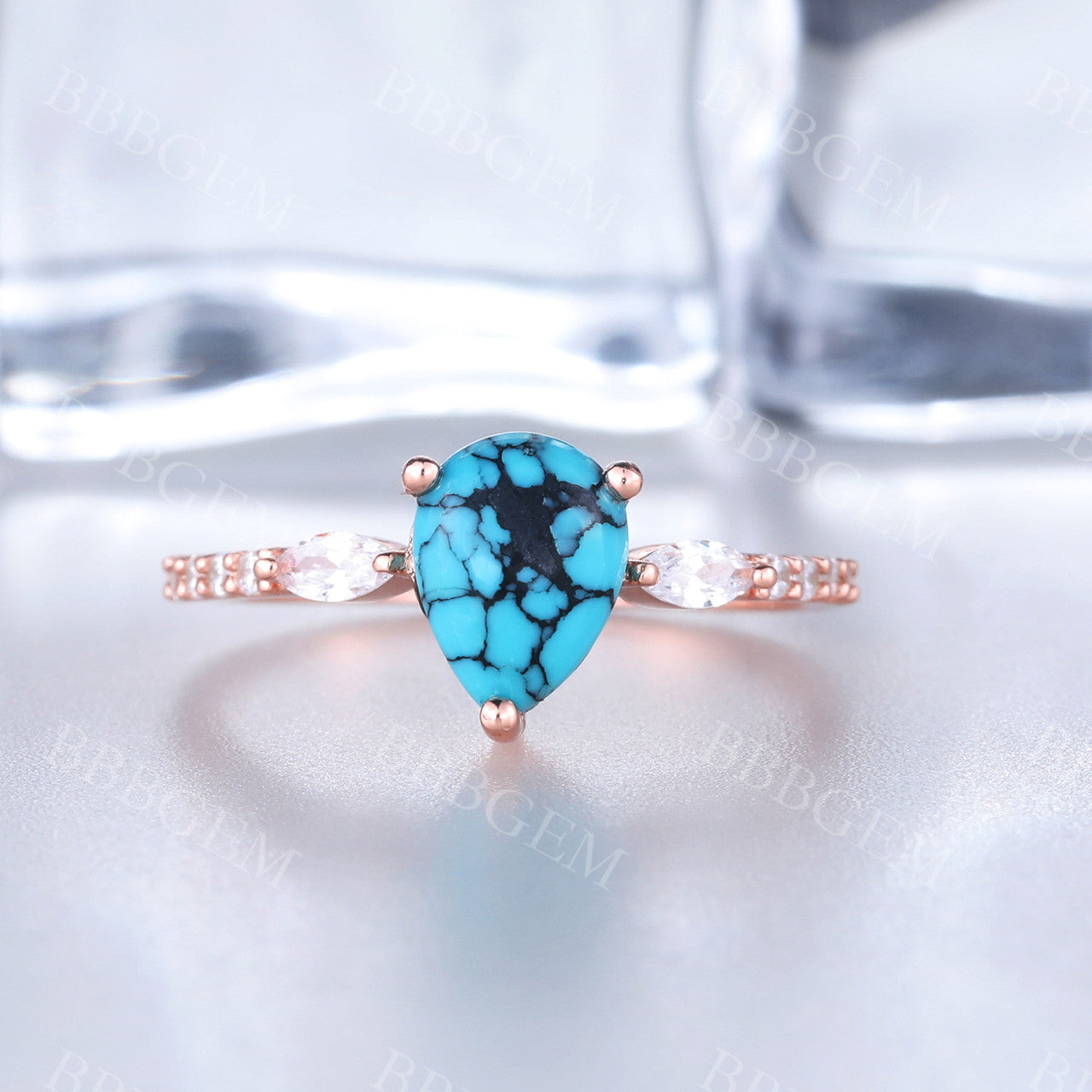 Turquoise Rose Gold Engagement Ring - Art Deco Vintage Promise Ring for Women, Gift for Her, Anniversary, Valentine's Day, Proposal, Wedding Jewelry