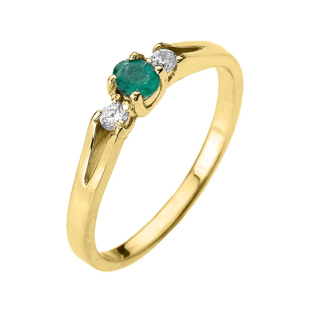 10K Solid Yellow Gold Diamond & Emerald Engagement Ring with Birthstone - Perfect for Proposals, Anniversaries, and Special Occasions