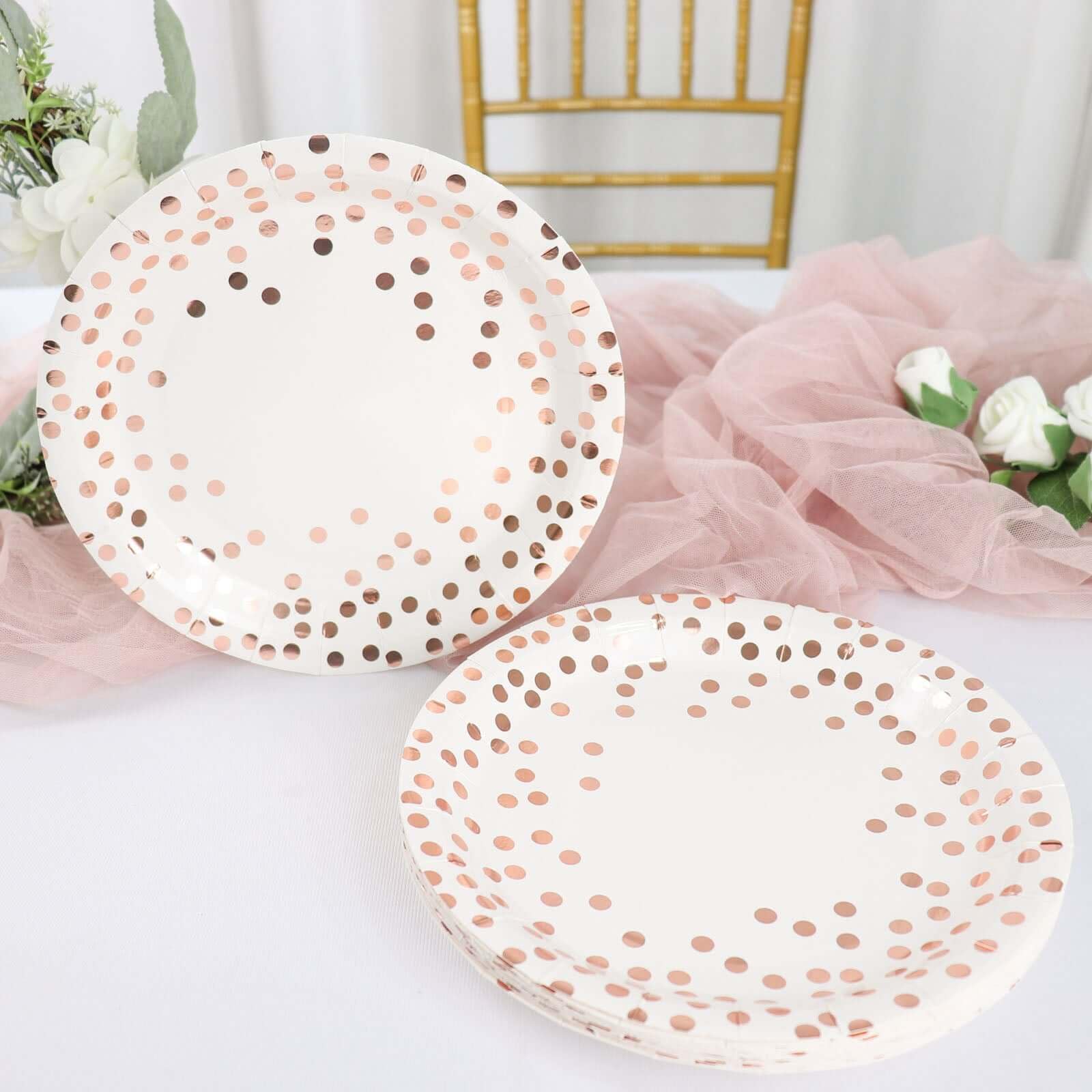 Efavormart 25 Pack 9 Inch White Metallic Rose Gold Polka Dot Disposable Dinner Plates - 300 GSM Heavy Duty Paper Plates for Wedding, Birthday Party & Holiday Celebrations