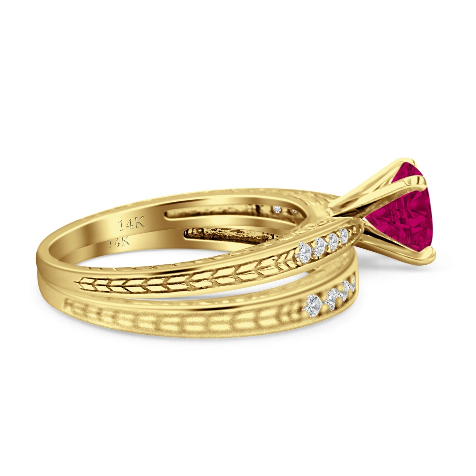 14K Yellow Gold Round Two Piece Ruby & CZ Bridal Ring Set - Elegant Wedding Band for Engagement, Anniversary & Special Occasions