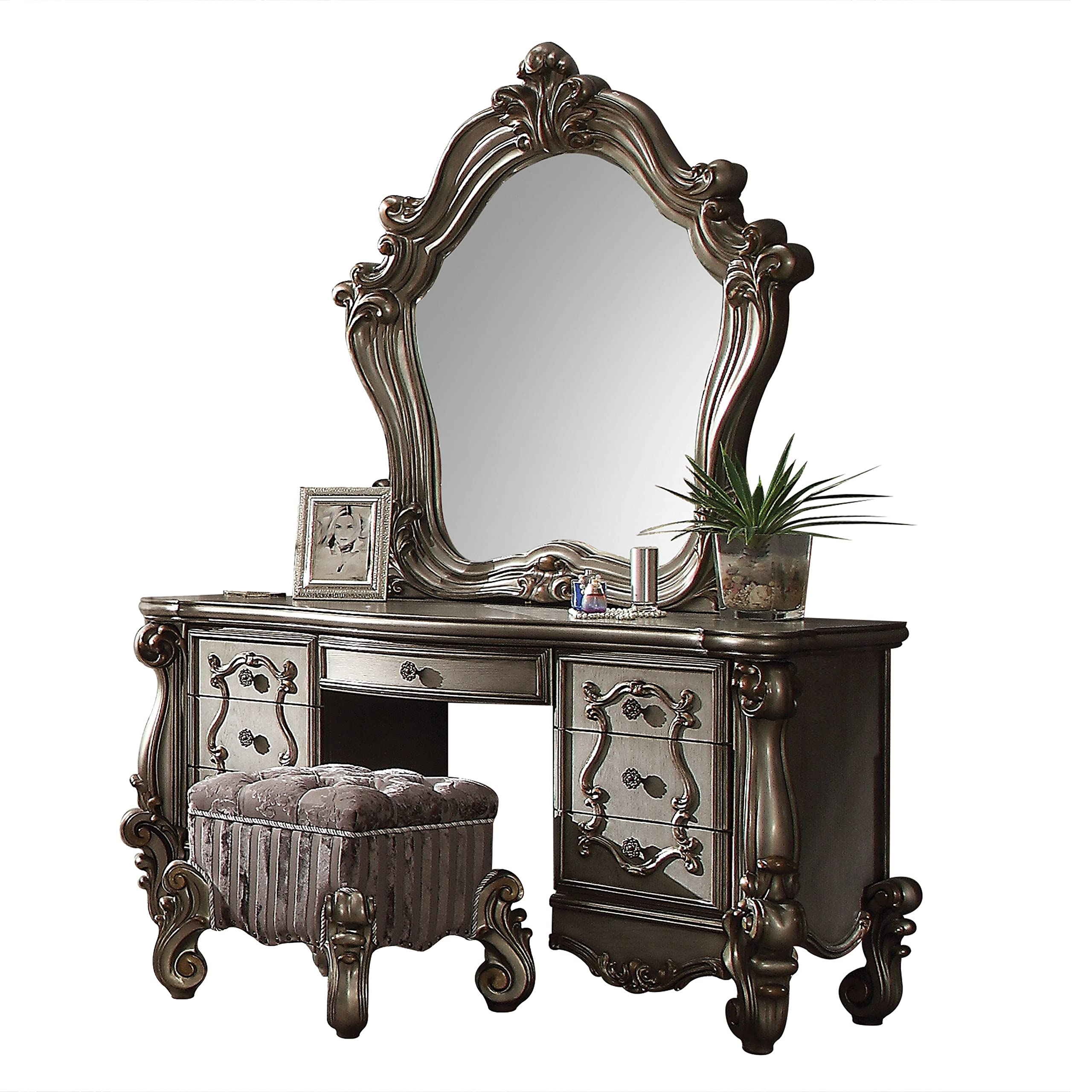 Versailles Platinum Vanity Desk Set with Mirror & Stool - Elegant Dressing Table for Bedroom, Makeup Vanity & Home Decor