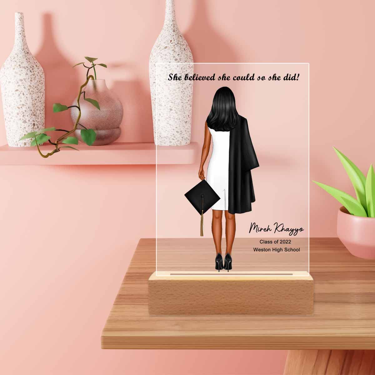 Personalized Graduation Gifts for Women - Custom Acrylic Plaque with Wooden LED Display Base - Perfect for Girlfriend, Daughter, Granddaughter & Friends - Ideal for Dorm Decor, Office Display & Celebration Keepsakes