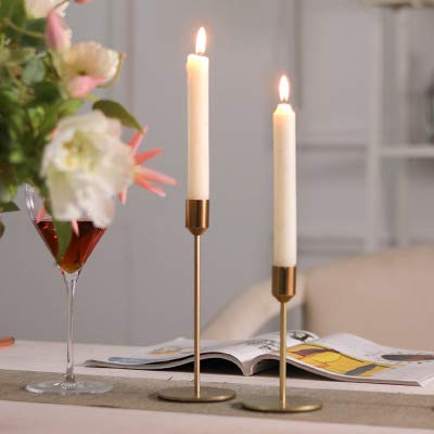 2-Piece Gold Brass Candlestick Holders Set - Modern Taper Candle Holders for Table Decor, Wedding Centerpieces & Holiday Dining (Small + Large Size)