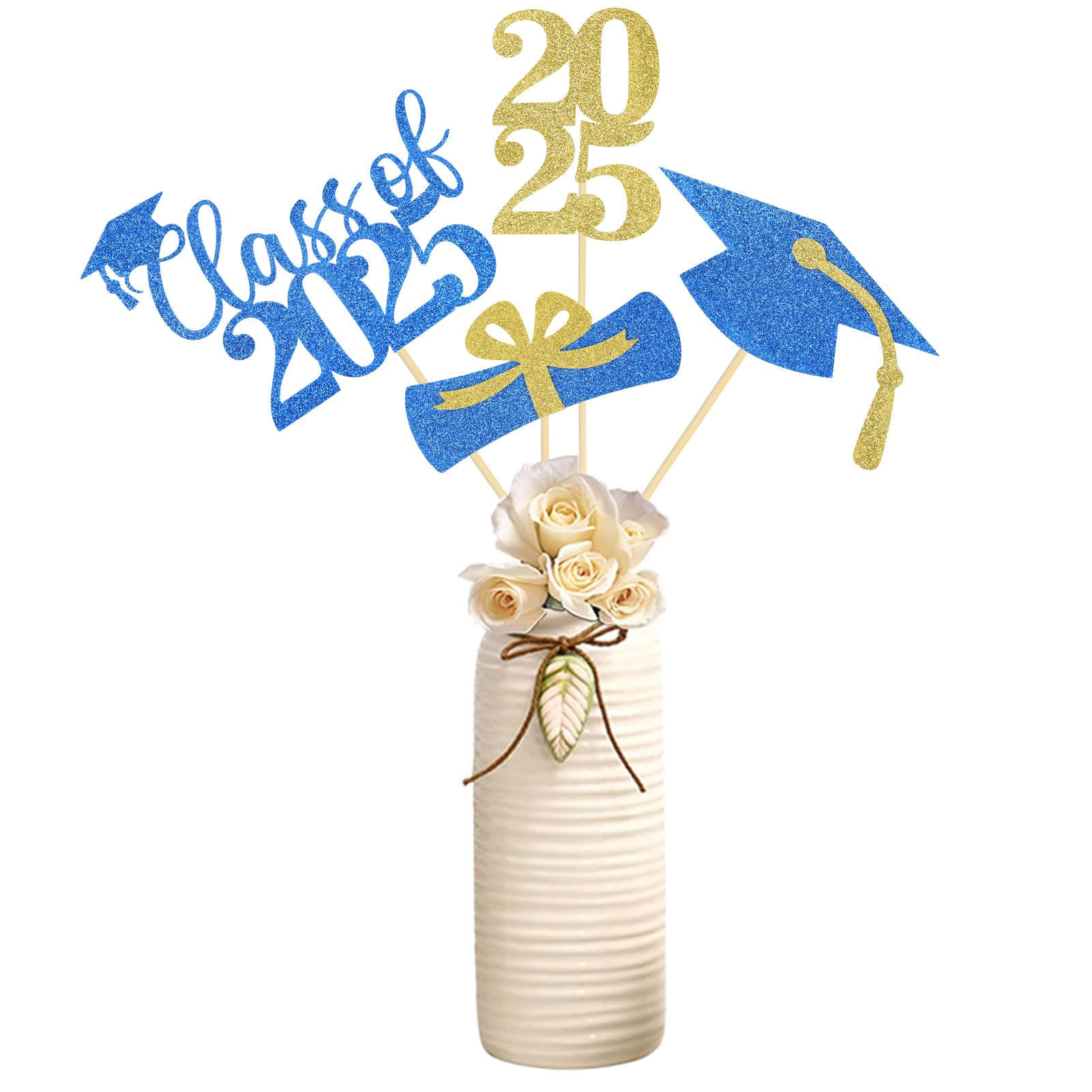 24-Piece Gold & Blue Glitter Graduation Centerpiece Sticks - Class of 2025 Table Toppers for Graduation Party Decorations | Perfect for Tables, Photo Booths & Dessert Displays