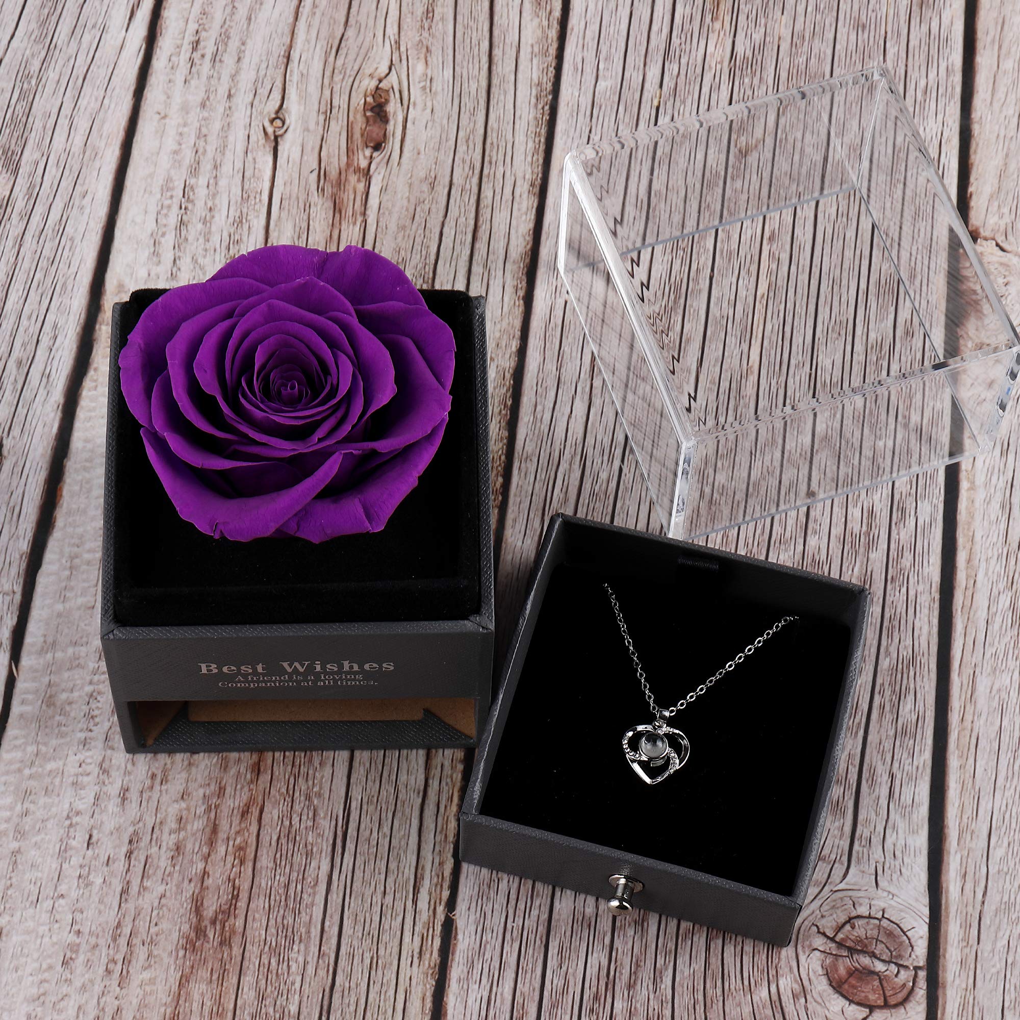 Enchanted Eternal Preserved Real Rose Gift Box with 'I Love You' Necklace in 100 Languages - Handmade Forever Rose Flower for Her (Silver Purple) - Perfect for Anniversaries, Valentine's Day & Romantic Surprises