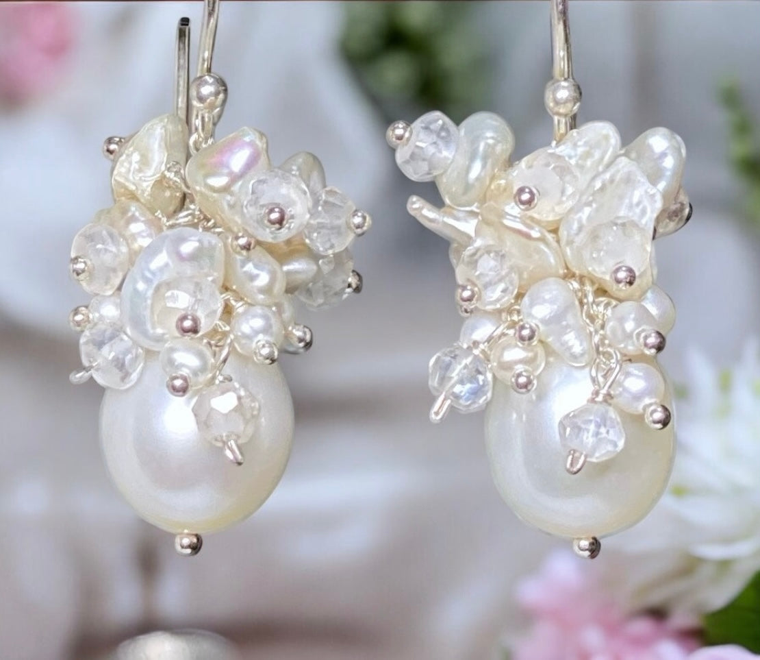 Baroque Pearl Bridal Cluster Earrings - Sterling Silver Vintage Wedding Jewelry for Brides, Bridesmaids & Formal Occasions