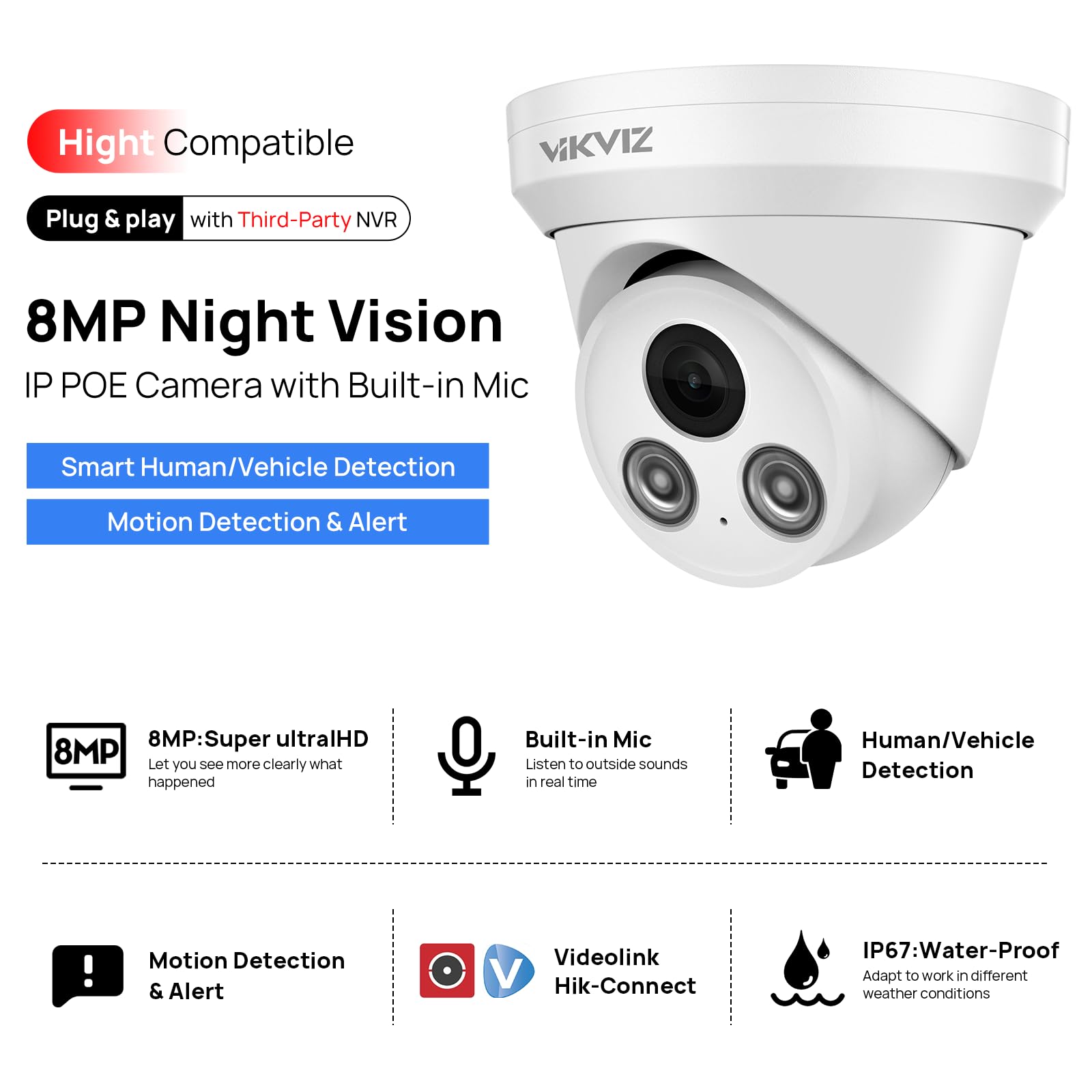 Hikvision 8MP PoE IP Security Camera Outdoor - 4K Ultra HD, Built-in Microphone, 2.8mm Lens, Smart Human/Vehicle Detection, 98ft IR Night Vision, H.265+, IP67 Weatherproof - Ideal for Home Security, Business Surveillance & Outdoor Monitoring
