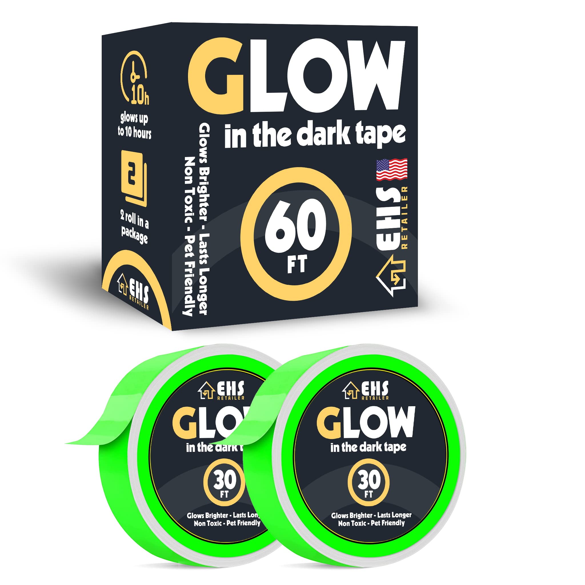 1 Inch x 60 FT Glow in The Dark Tape - 2 Rolls Pack - Bright Rechargeable Fluorescent Luminous Tape for Indoor & Outdoor Use - Home Decoration, Emergency Marking, Stair Safety, Kids Room & Party Decor
