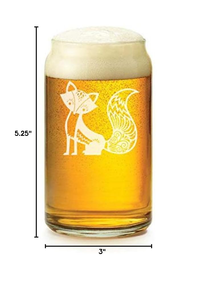 16 oz Beer Can Glass with Fancy Fox Design - Perfect for Home Bars, Parties, and Gifts - Insulated & Durable Drinking Cup for Beer, Soda, and Cocktails