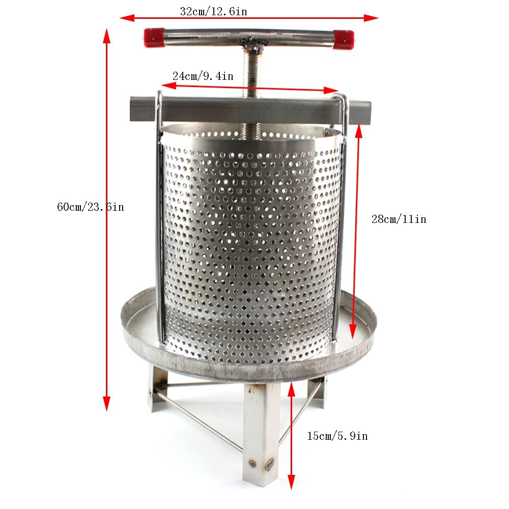 Stainless Steel 2.6 Gallon Fruit Wine Press - Apple Cider Press for Juice, Wine & Beeswax Making | Heavy Duty Fruit & Honey Presser for Home Brewing, Winemaking & DIY Projects | Perfect for Apples, Grapes, Berries & More