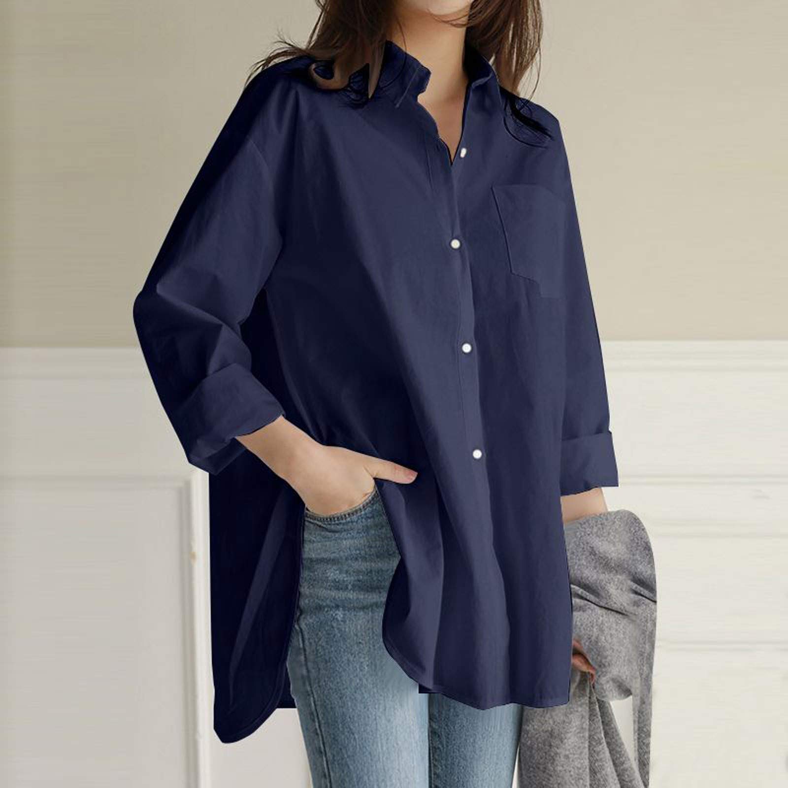 XUETON Women's Plus Size Casual Cotton Linen Blouse - Long Sleeve High Low Hem Tunic Top for Work, Office & Everyday Wear