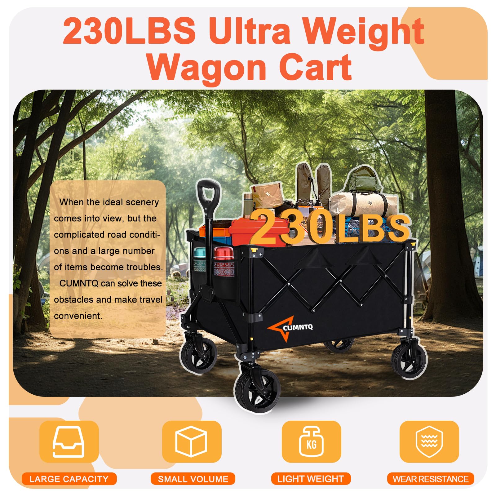 Heavy Duty Collapsible Wagon Cart with Wheels - 230lbs Capacity Foldable Utility Cart for Beach, Camping, Groceries & Shopping | Portable Outdoor Wagon for Picnics, Tailgating & Kids Activities (Black)