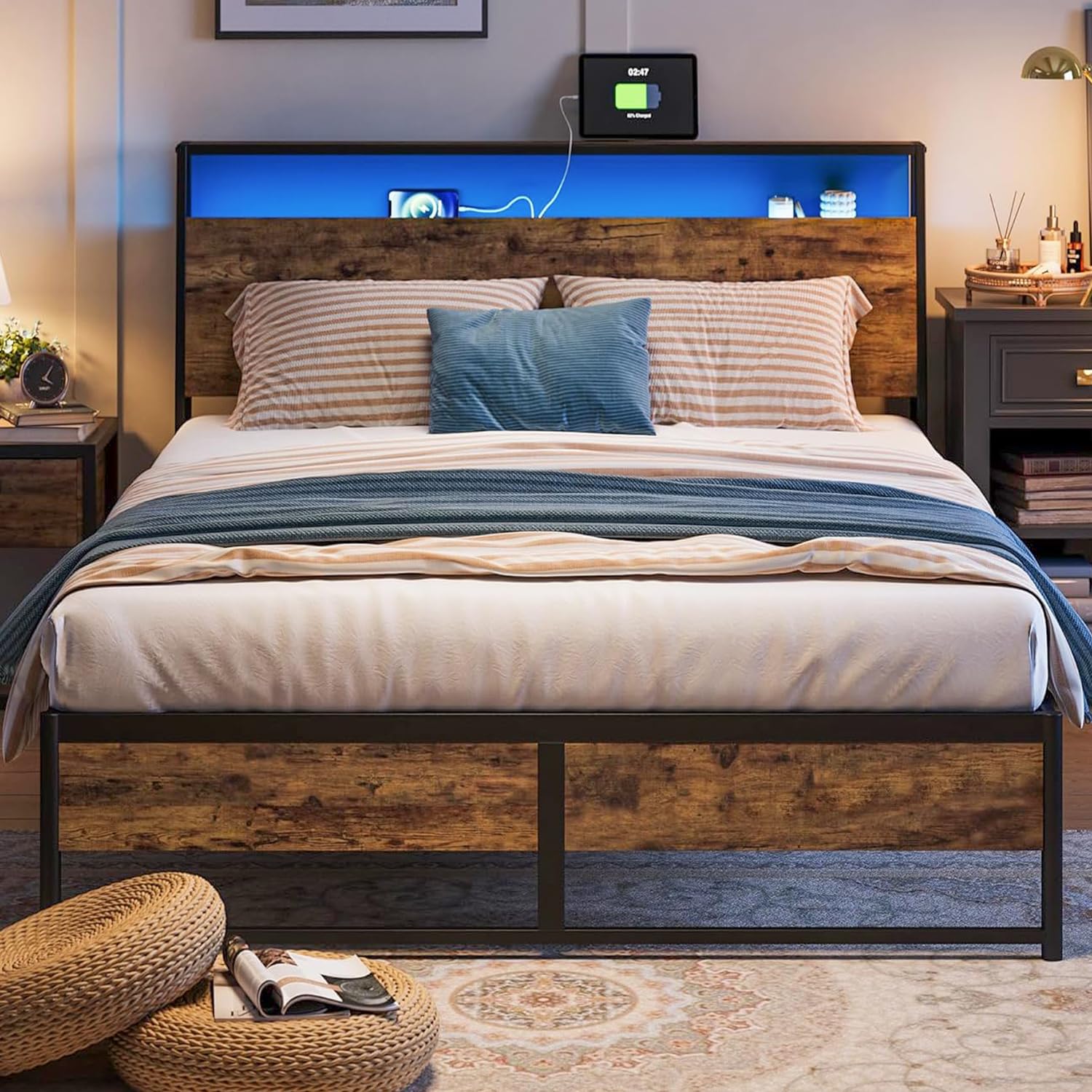 LINSY Queen Size Bed Frame with Ergonomic Headboard & Built-in Lights - 14 Inch Metal Industrial Platform Bed with USB Charging & Underbed Storage, No Box Spring Needed, Rustic Brown - Perfect for Modern Bedrooms, Guest Rooms & Small Apartments