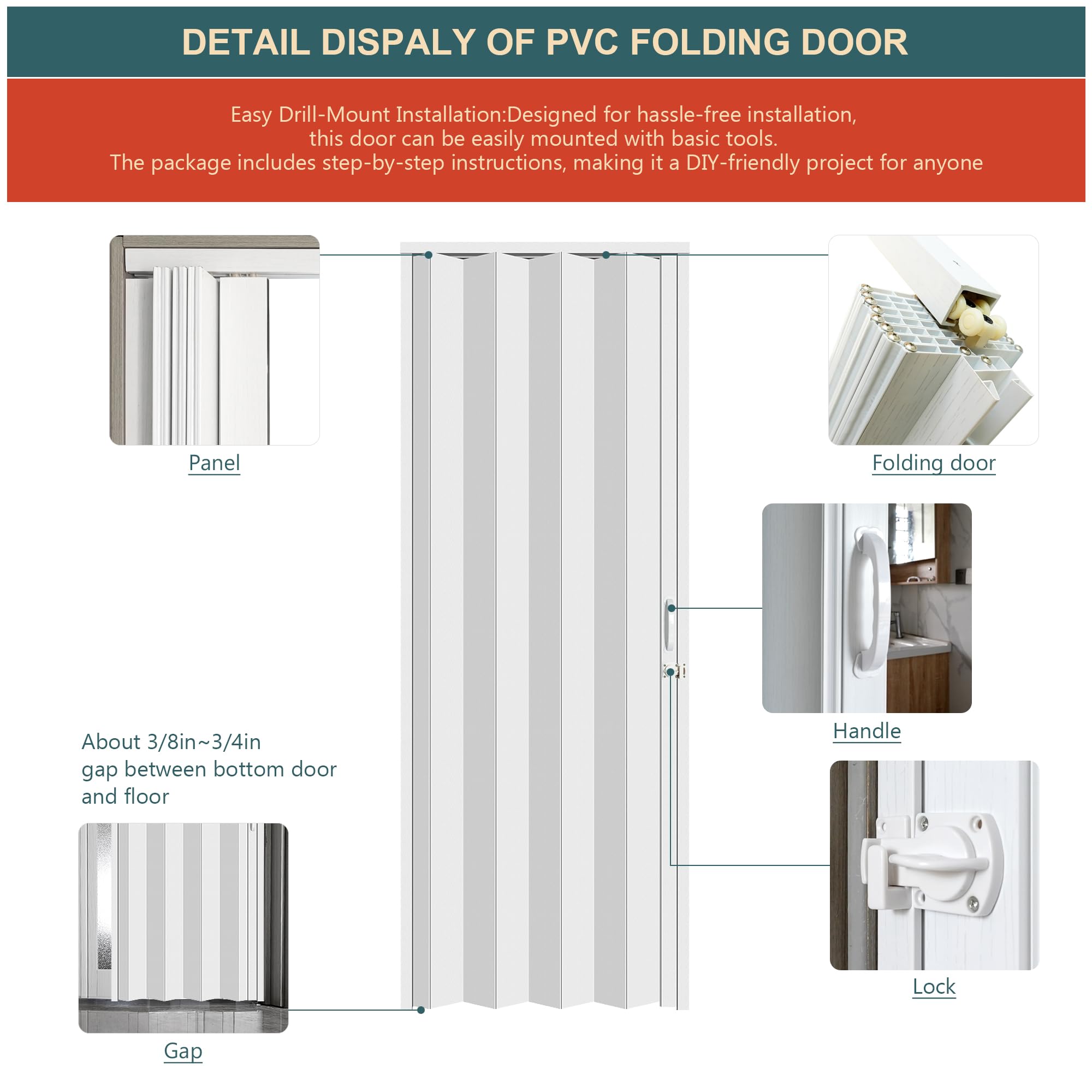 CCBOYSHARDWARE 48x80 Inch White Interior Accordion Door - Easy Install Folding Closet Door with Hardware Kit | Perfect for Bedrooms, Closets & Room Dividers