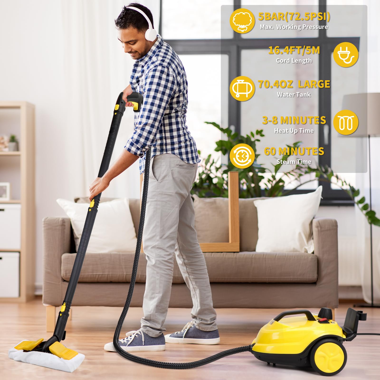 2000W Portable Steam Cleaner with 20 Accessories - Multipurpose Household Steamer for Floors, Kitchen, Appliances, Car & Playground Cleaning - Ideal for Deep Cleaning & Sanitizing (Yellow)
