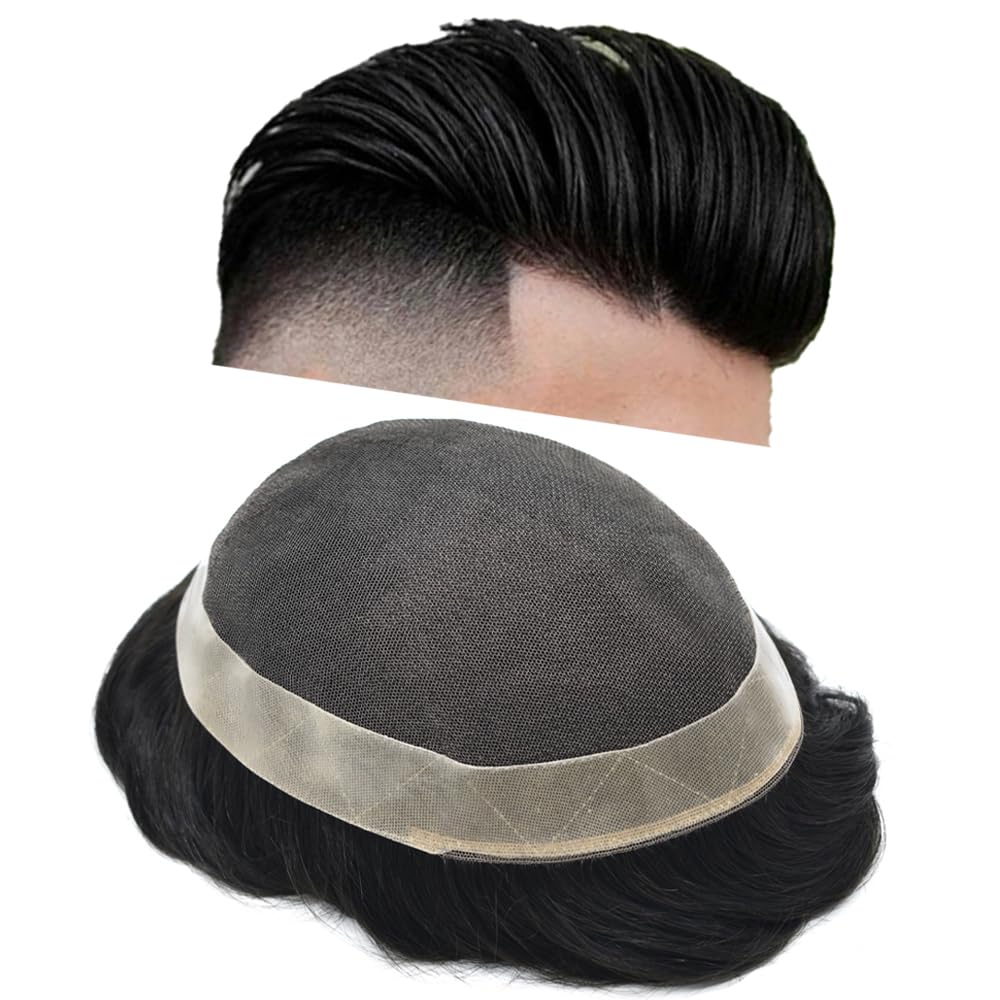 100% European Remy Human Hair Toupee for Men - Undetectable Hair Replacement System for Hair Loss - 8''X10'' 1B# Off Black - 120% Medium Light to Medium Density - Perfect for Daily Wear, Special Occasions & Confidence Boosting