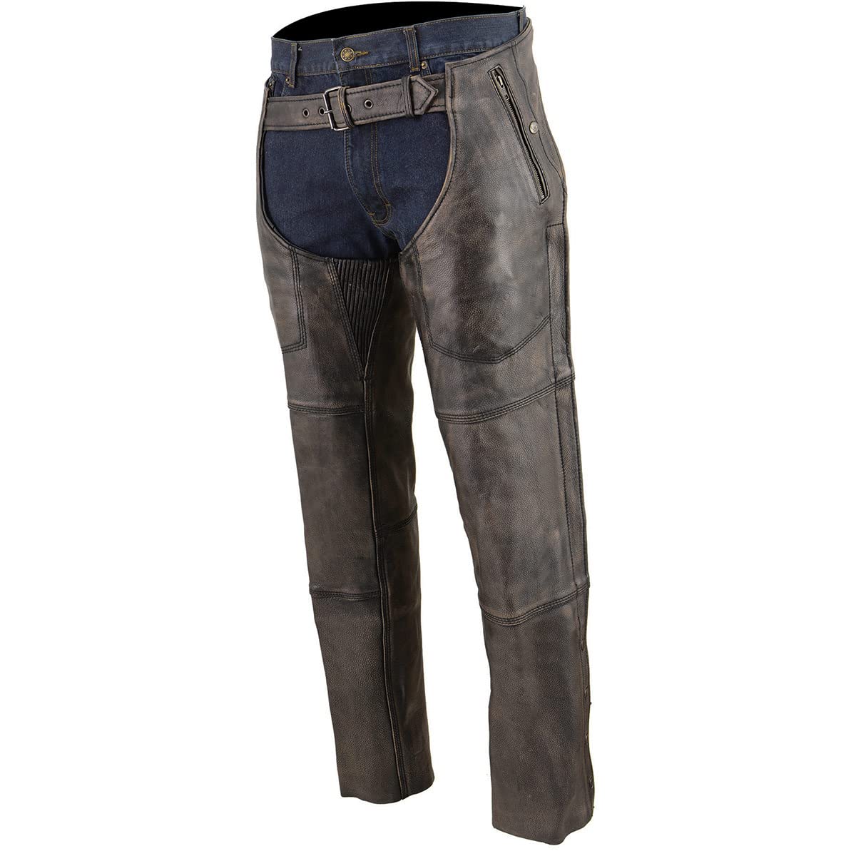 Milwaukee MLM5500 Men's Distressed Brown Leather Motorcycle Chaps - Thermal Lined, 4 Snap Pockets, Cold Weather Riding Gear for Harley, Cruiser & Adventure Bikes