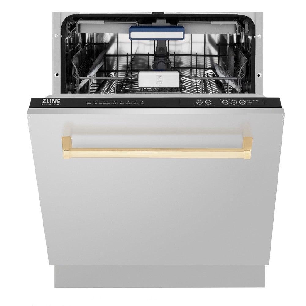 ZLINE Autograph Edition 24 Inch Stainless Steel Dishwasher with Polished Gold Handle - 3rd Rack, Top Control, Tall Tub Design, Ultra Quiet 51dBa (DWVZ 304 24 G) - Perfect for Modern Kitchens and Open-Concept Homes