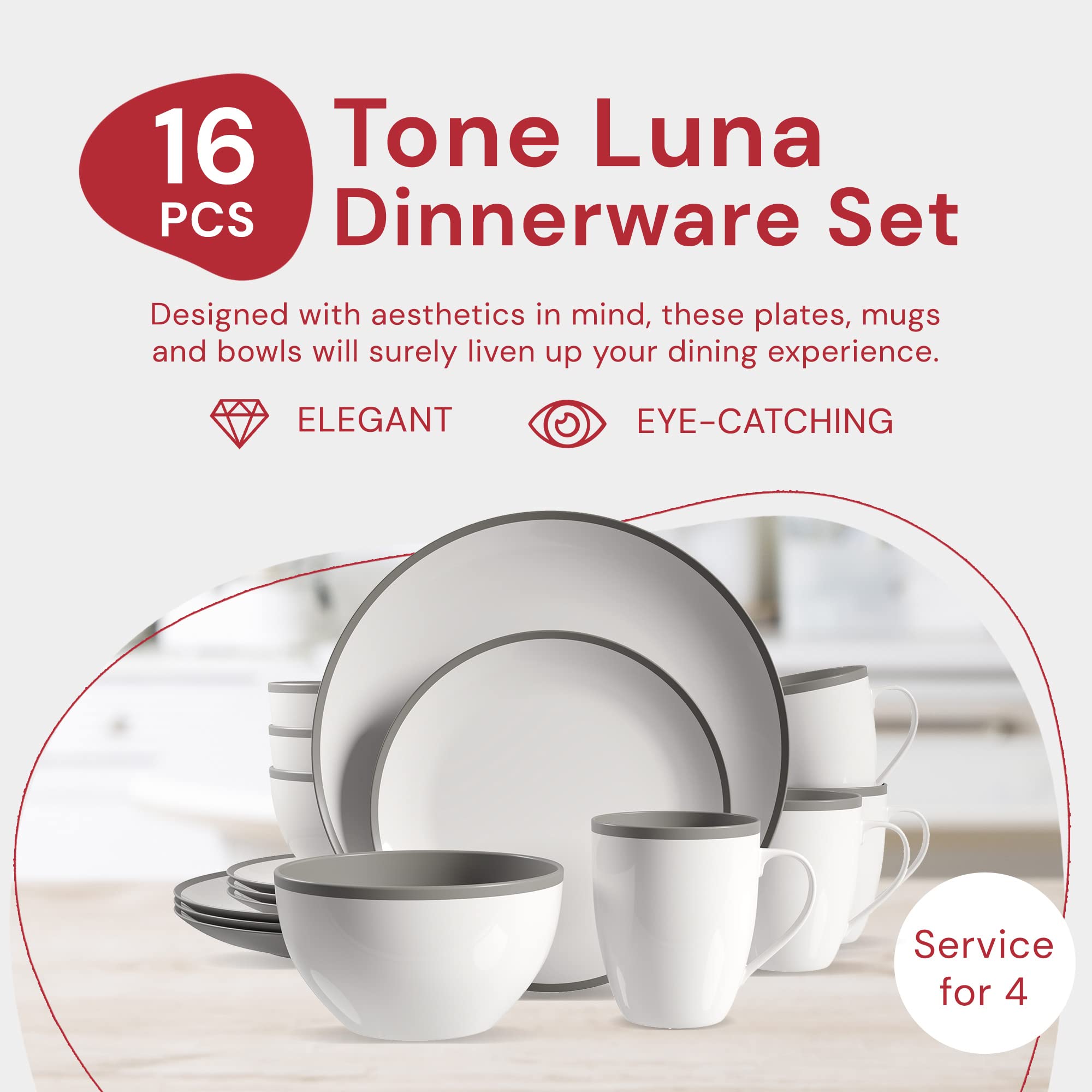 Safdie & Co. - 16-Piece Modern Stoneware Dinnerware Set, Luna Tone Plates & Bowls for Indoor/Outdoor Use, Dishwasher Safe White & Grey - Perfect for Family Dinners, Entertaining Guests, and Outdoor Dining