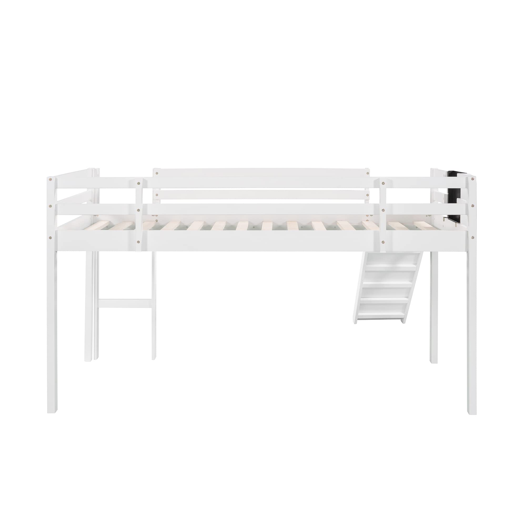 Harper & Bright Designs Twin Loft Bed with Slide - Solid Wood Low Bunk Bed with Chalkboard for Kids, Girls & Boys - White | Perfect for Small Bedrooms, Playrooms & Kids' Shared Spaces