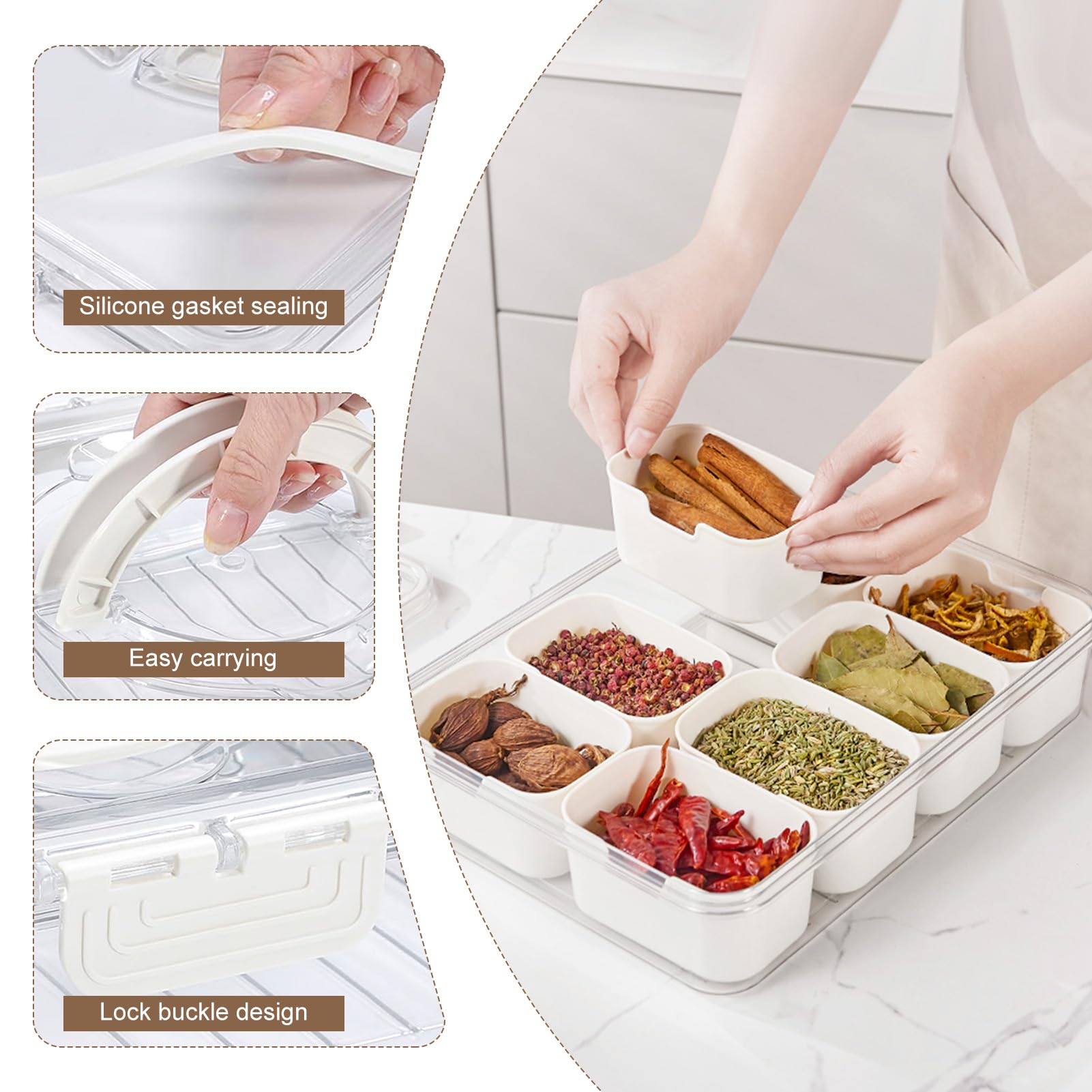 Portable Divided Snackle Box with Lid & Handle - 6-Compartment Charcuterie Tray for Fruits, Nuts, Cheese & Candy | Perfect for Picnics, Parties, Travel & Office Snacks | BPA-Free Food Storage Container