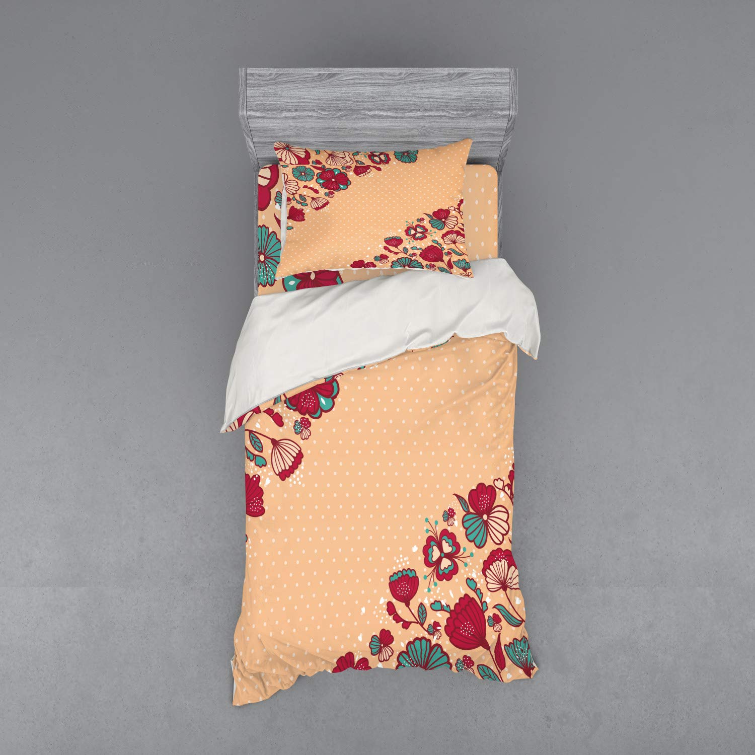 Ambesonne Floral Duvet Cover Set | Nature Inspired Flowers on Vintage Polka Dot Background | 3-Piece Bedding Set with Pillow Sham & Fitted Sheet | Twin Size | Teal Ruby Salmon Color | Bohemian Bedroom Decor | Guest Room Makeover | Cozy Home Styling | Perfect for Master Bedrooms, Guest Rooms & Vacation Homes