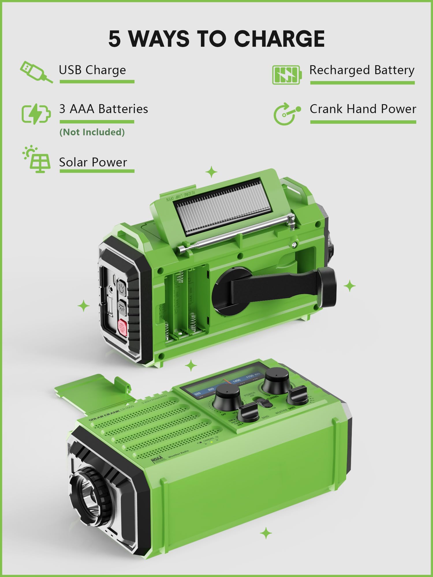 Raynic Solar Hand Crank Emergency Weather Radio - 5000mAh Power Bank with AM/FM/SW/NOAA Alerts, Flashlight, SOS Siren & Phone Charger - Portable Survival Gear for Camping, Hiking & Power Outages (Green)