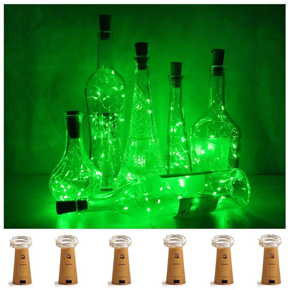 6 Pack Battery Operated Wine Bottle Lights with Cork - 15 LED Cork Shape Silver Wire Fairy String Lights for DIY, Party Decor, Christmas, Halloween, Wedding (Green) | Perfect for Home Decoration, Table Centerpieces, and Outdoor Lighting