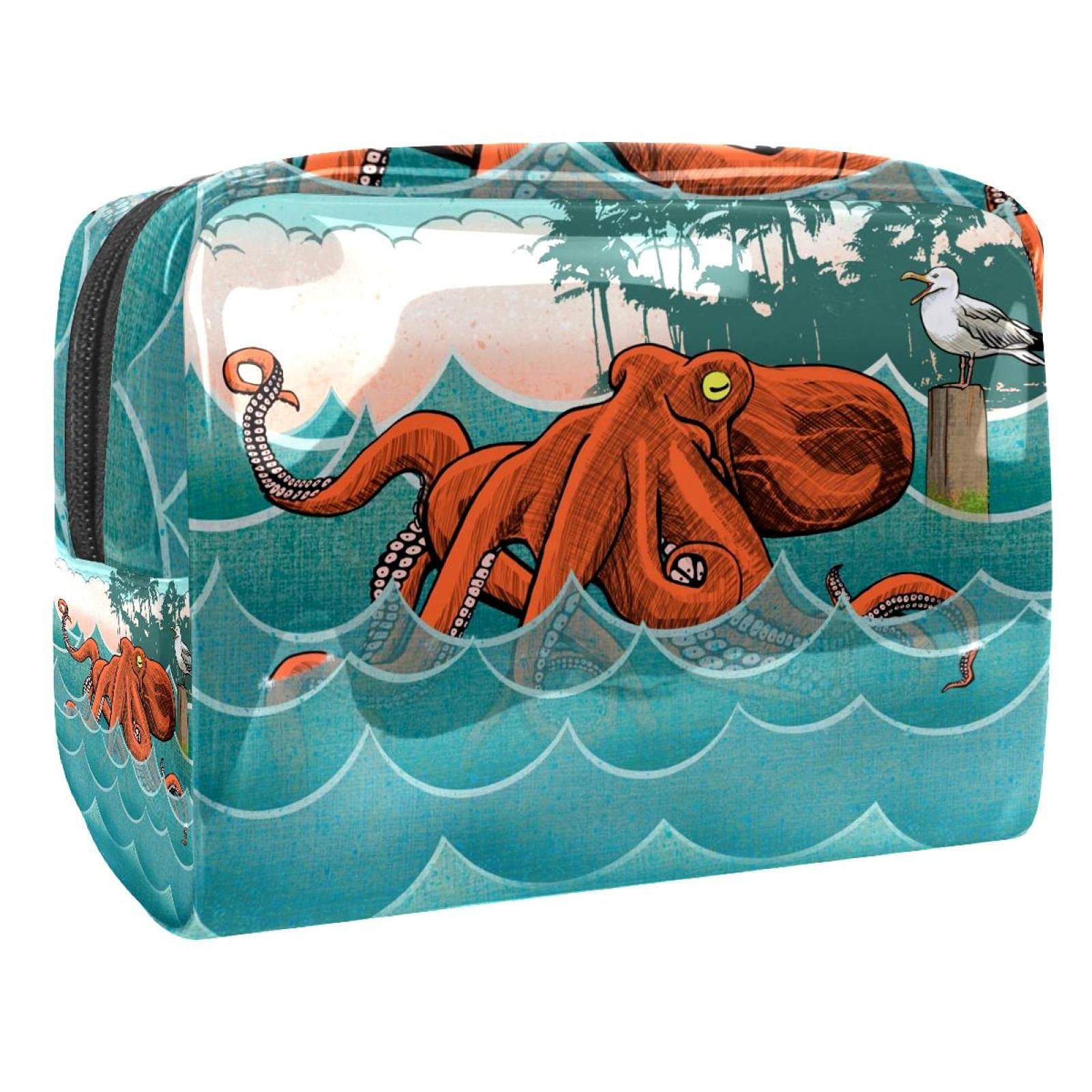 Octopus & Seagull Art Print Makeup Bag - Waterproof Cosmetic Organizer Pouch for Women & Men (7.3x3x5.1in) - Perfect for Travel, Gym & Daily Essentials Storage