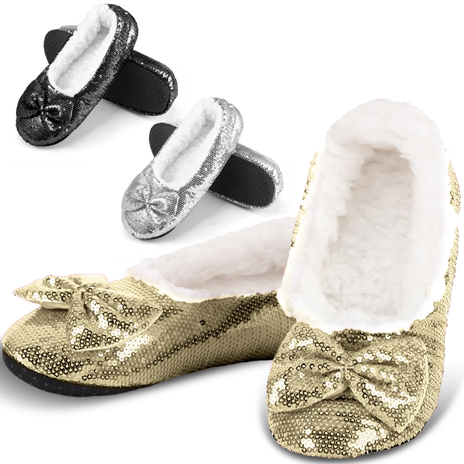 ShinyMatch Women's Sparkly Ballerina Slippers - 3 Pairs Sequin House Shoes with Non-Slip Grippers | Cozy Winter Indoor Slippers, Perfect Gift for Women | Great for Lounging, Sleepovers & Home Comfort