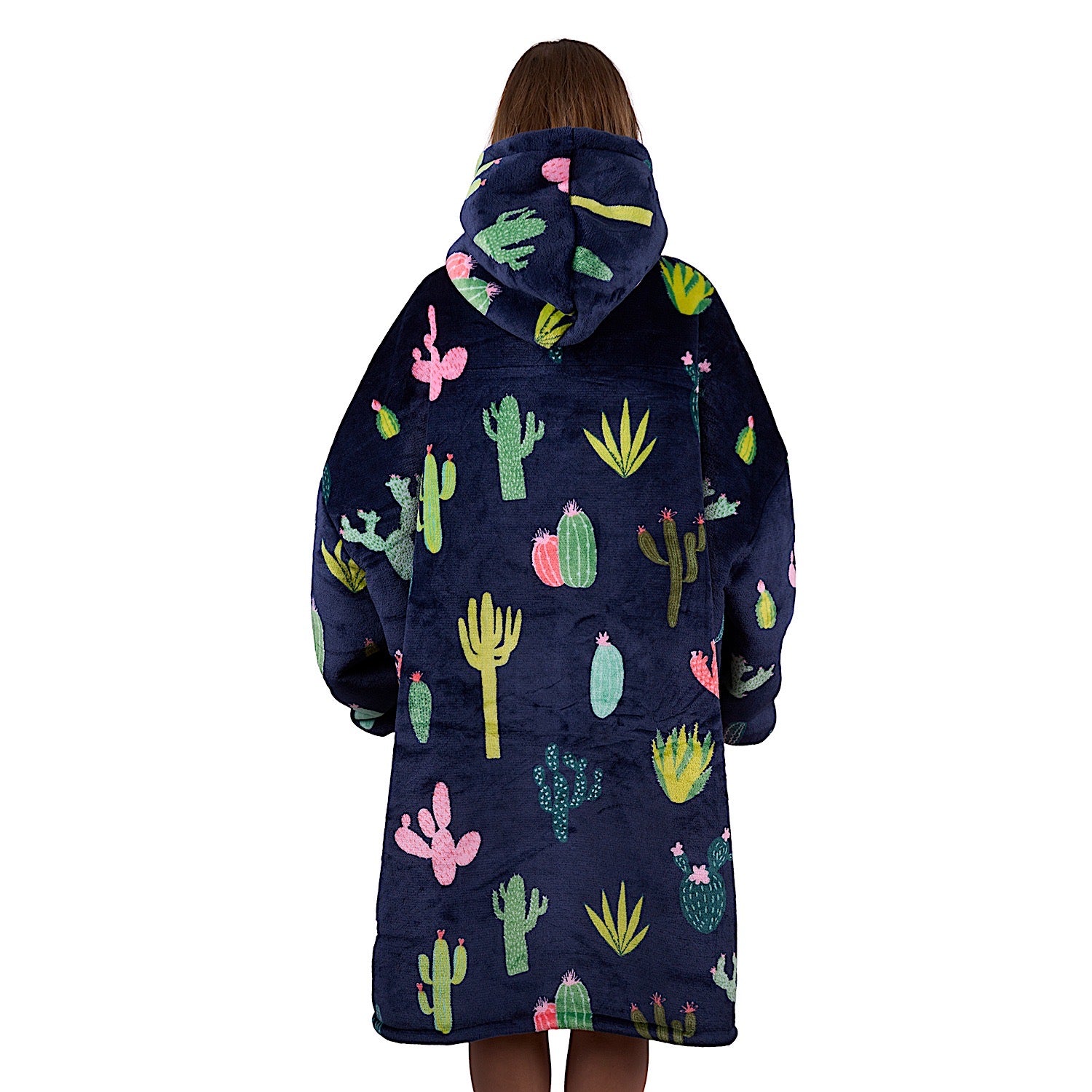 Cactus Print Snuggle Hoodie for Adults - Soft Fleece Pullover with Western Style - Navy Blue Cozy Lounge Wear for Home, Outdoor & Casual Occasions