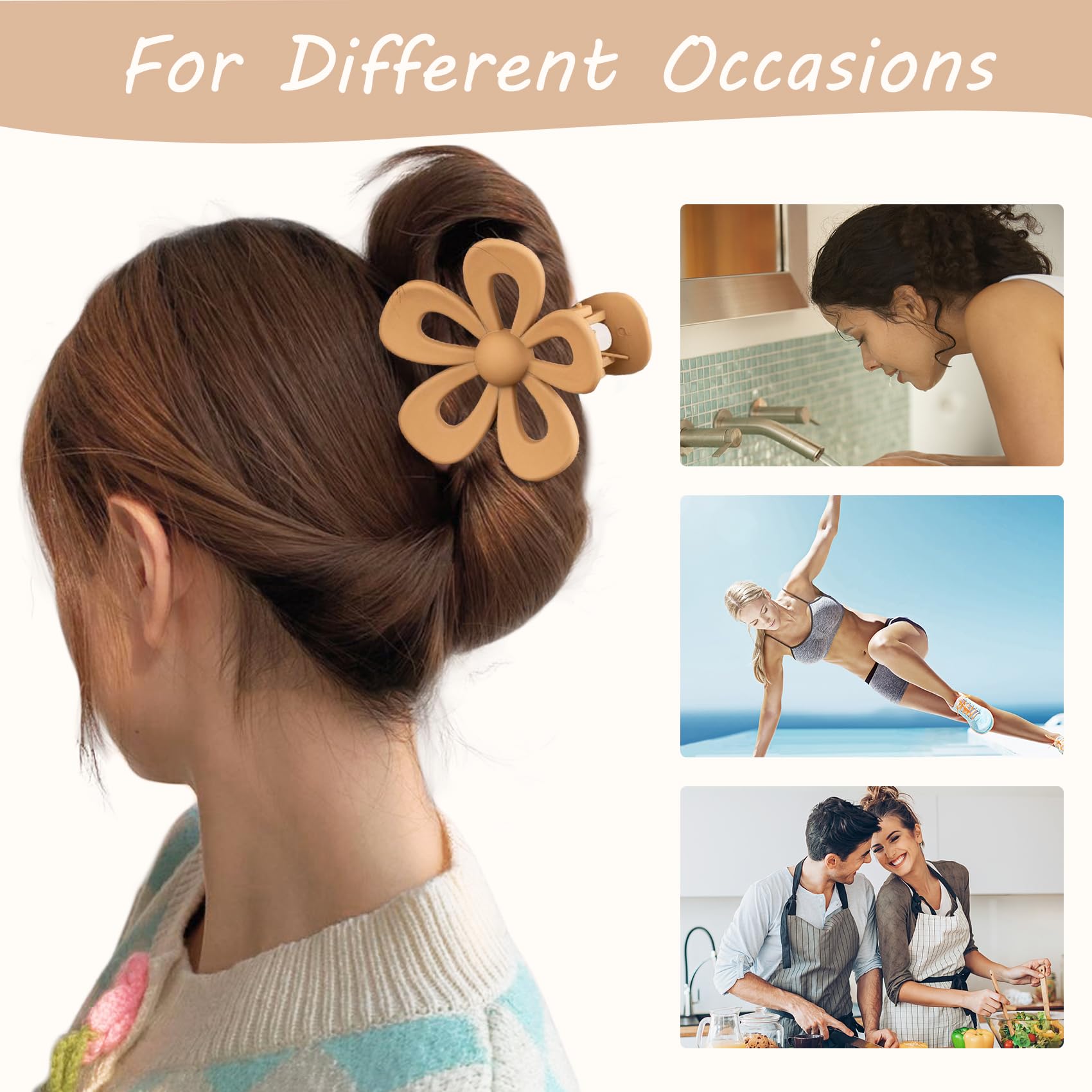 8PCS Matte Hair Clips for Women and Girls - Non-Slip Flower Claws for Thick Hair, Large Khaki Daisy Hairpins with Strong Hold | Perfect for School, Work, Parties and Everyday Hairstyles