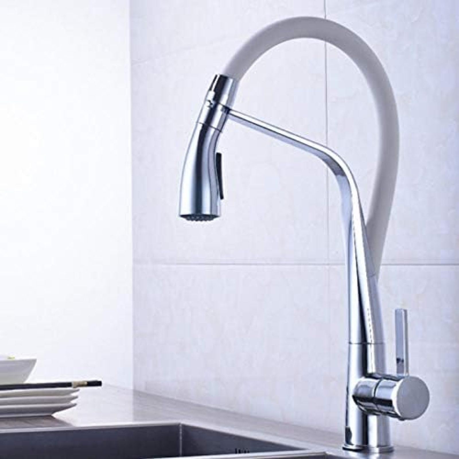 CRJUS Chrome White Kitchen Faucet - Deck Mounted Hot & Cold Water Mixer with Pull Down Sprayer, 2-Function Spout for Modern Kitchen Sink