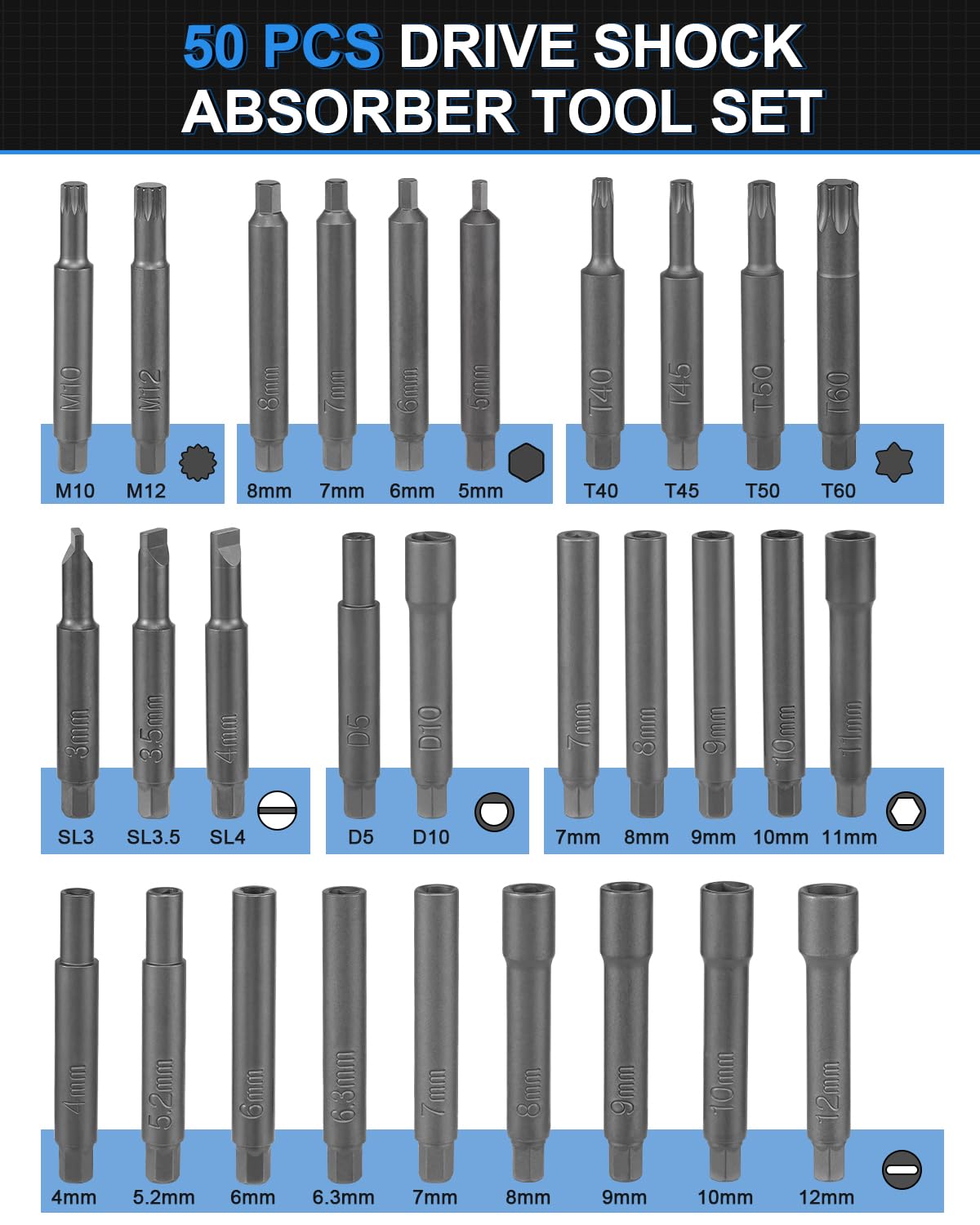 50 PCS Shock Absorber Strut Nut Removal Tool Set - Professional Steering Hub Suspension Strut Nut Socket Wrench Kit for Car Repair & Maintenance - Perfect for DIY Mechanics & Auto Shops