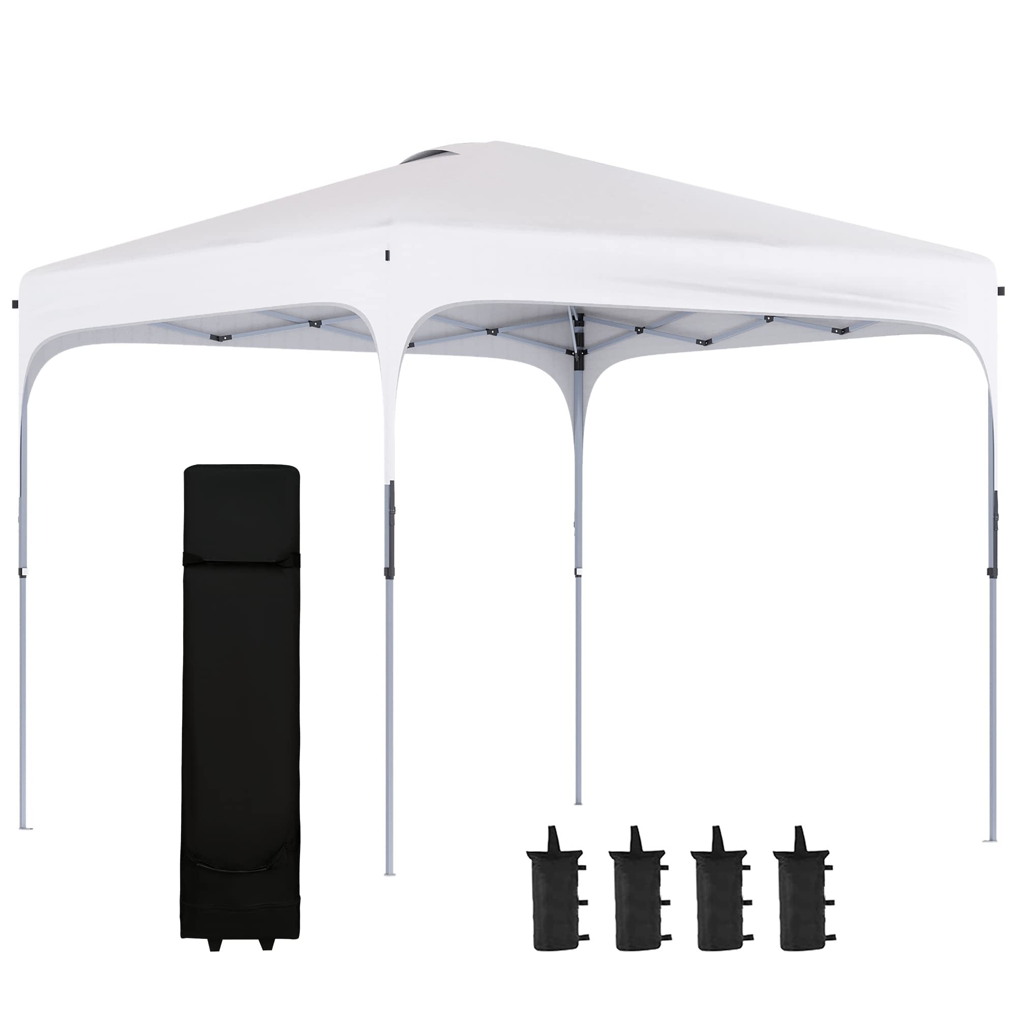 Outsunny 8' x 8' Pop Up Canopy Tent with Wheeled Carry Bag & 4 Sand Bags - Instant Sun Shelter for Outdoor Parties, Picnics, Beach, Camping & Backyard Events - Adjustable Height White Gazebo for Garden, Patio & BBQ Gatherings