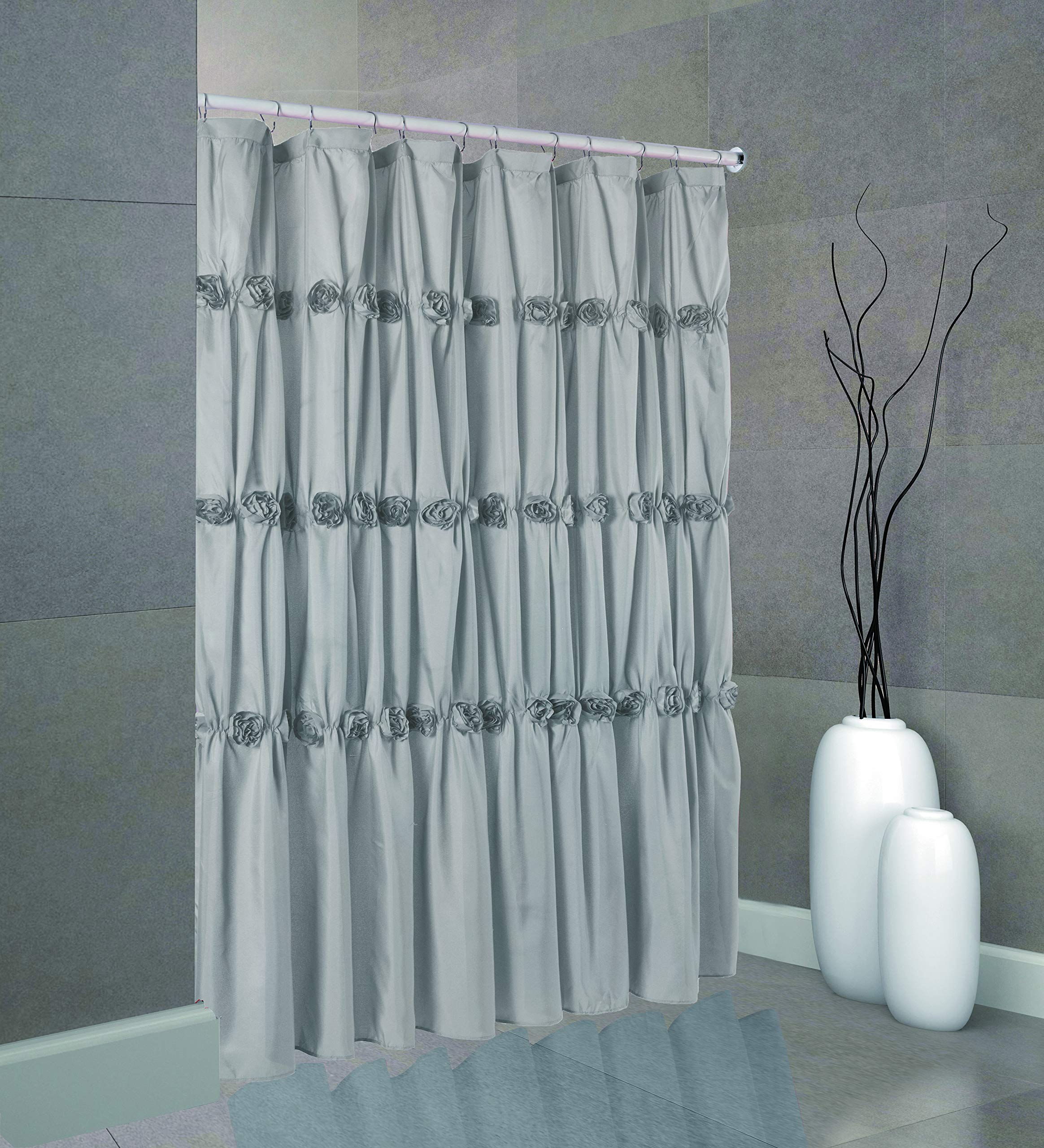 Elegant Rose Garden Toile Shower Curtain in Silver - Waterproof Bathroom Decor for Vintage & French Country Style Homes