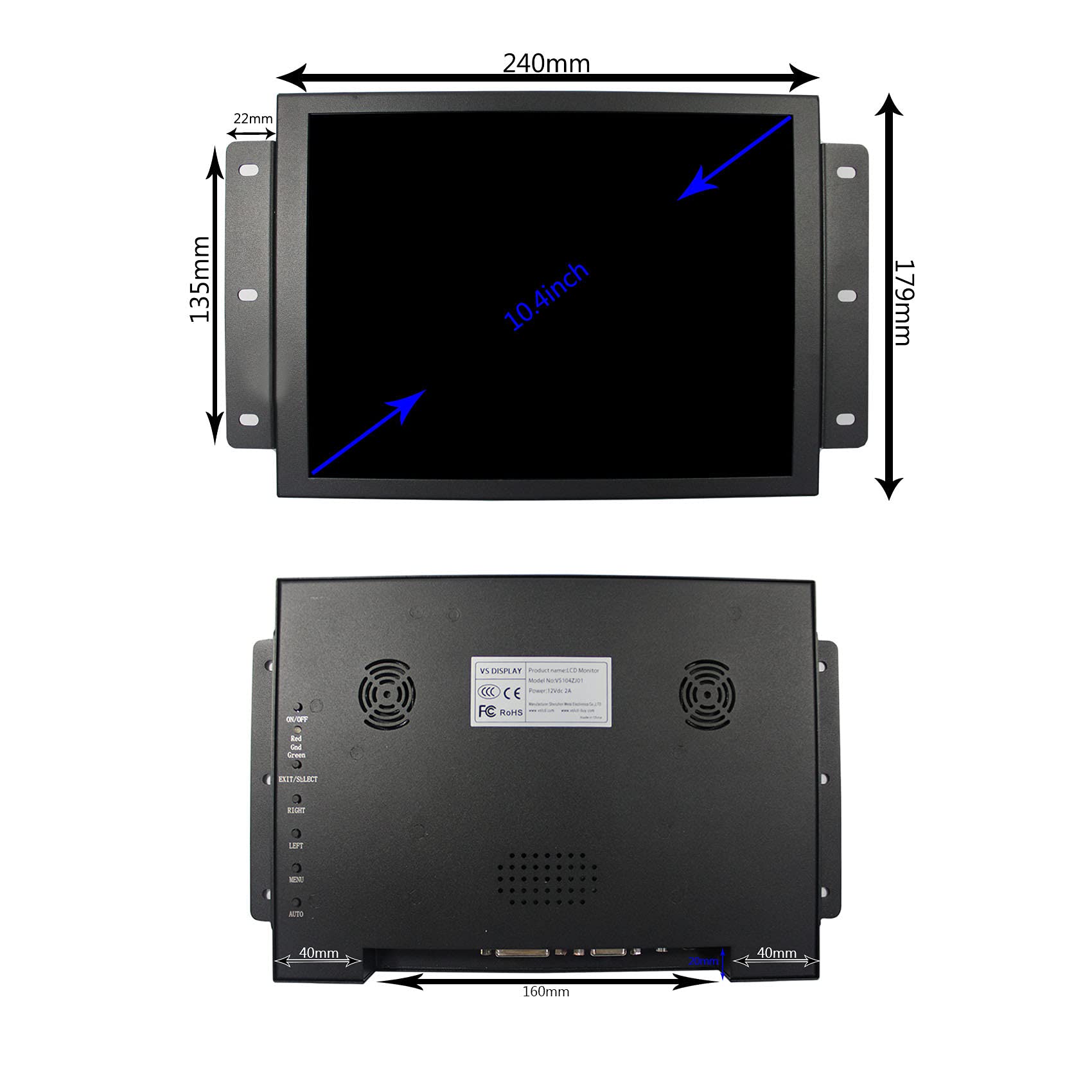 10.4 Inch Portable LCD Monitor with 800x600 Resolution - HDMI, DVI, VGA Inputs & Built-in Dual Speakers | Extra Display Screen for Gaming, Office & Home Entertainment | VSDISPLAY VS104ZJ01