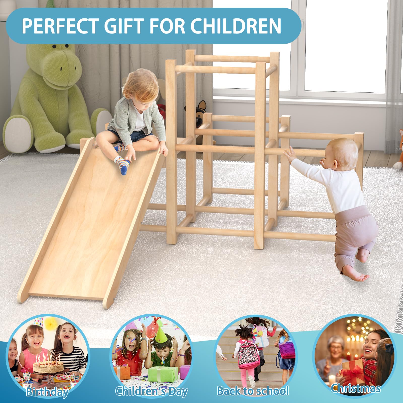 Montessori Wooden Indoor Jungle Gym Climber Playset with Slide - Toddler Climbing Toys & Multifunctional Playground for Kids - Perfect for Home Playrooms, Daycares, and Indoor Active Play