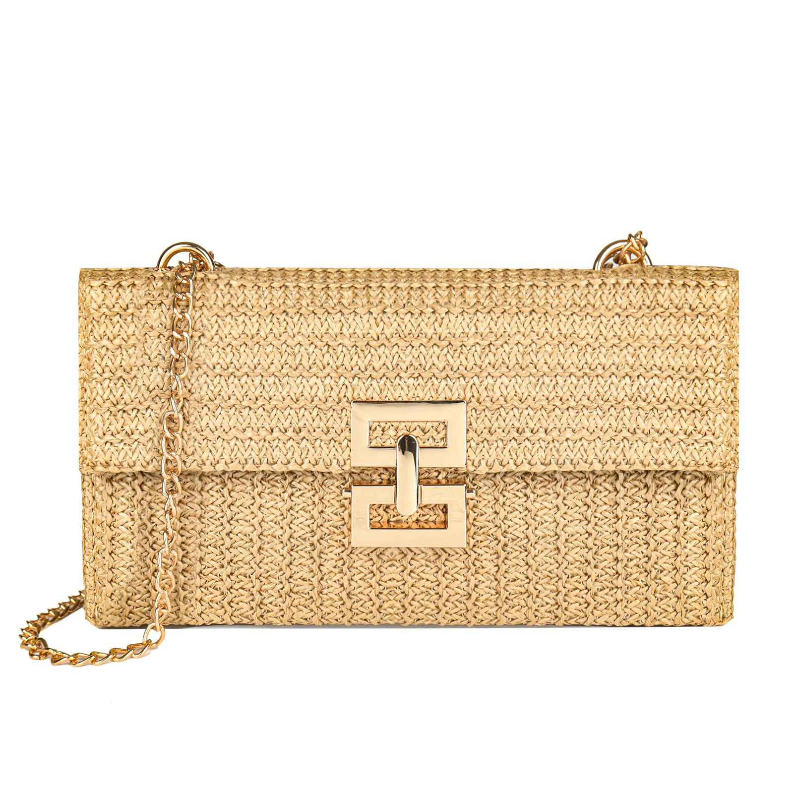 Women's Straw Chain Clutch Purse - Woven Envelope Handbag with Shoulder Strap & Crossbody Strap - Perfect for Beach, Summer Outings & Casual Events