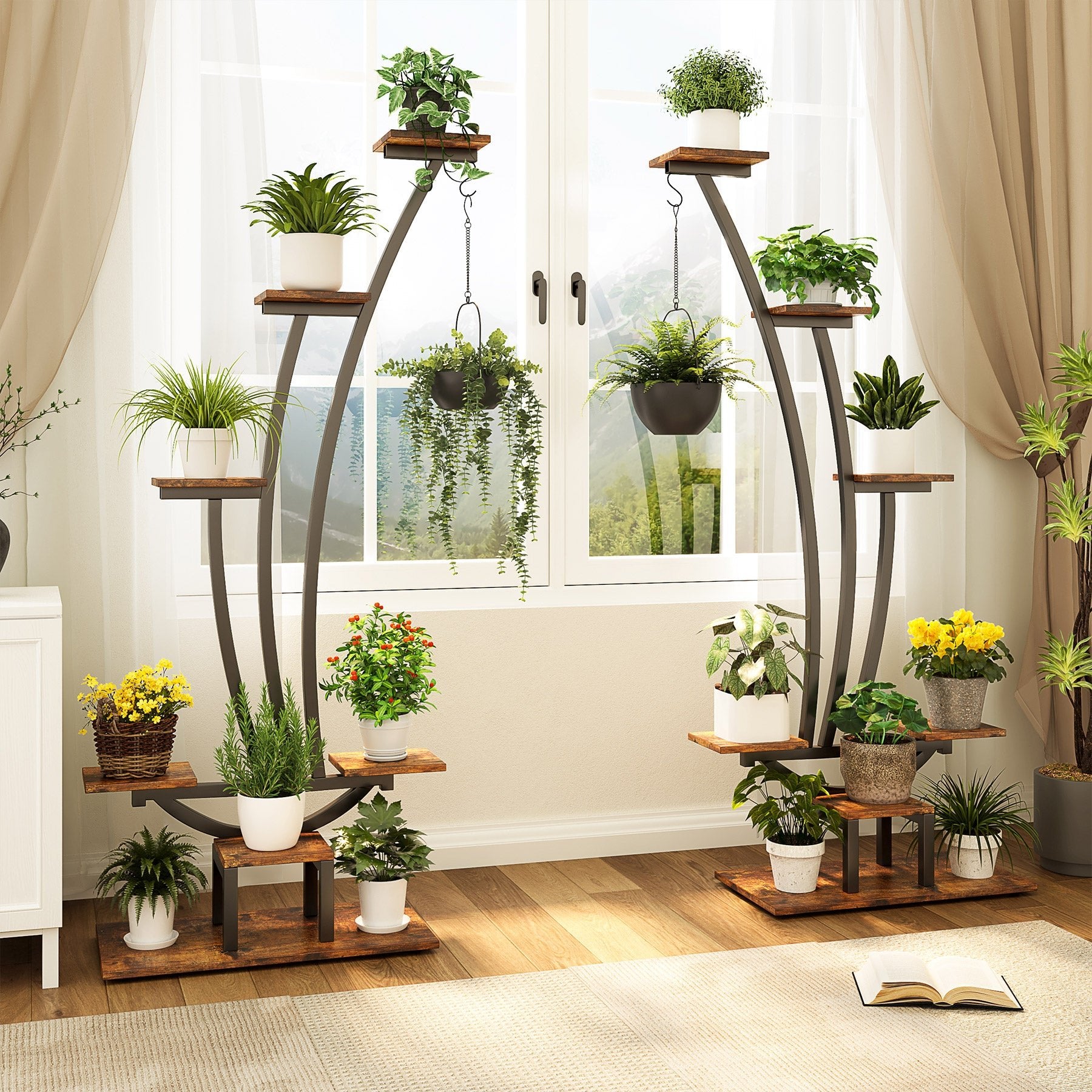 6 Tier Metal Plant Stand - Pack of 2 Curved Display Shelves with Hanging Hooks for Indoor Outdoor Garden, Balcony, Patio Decor