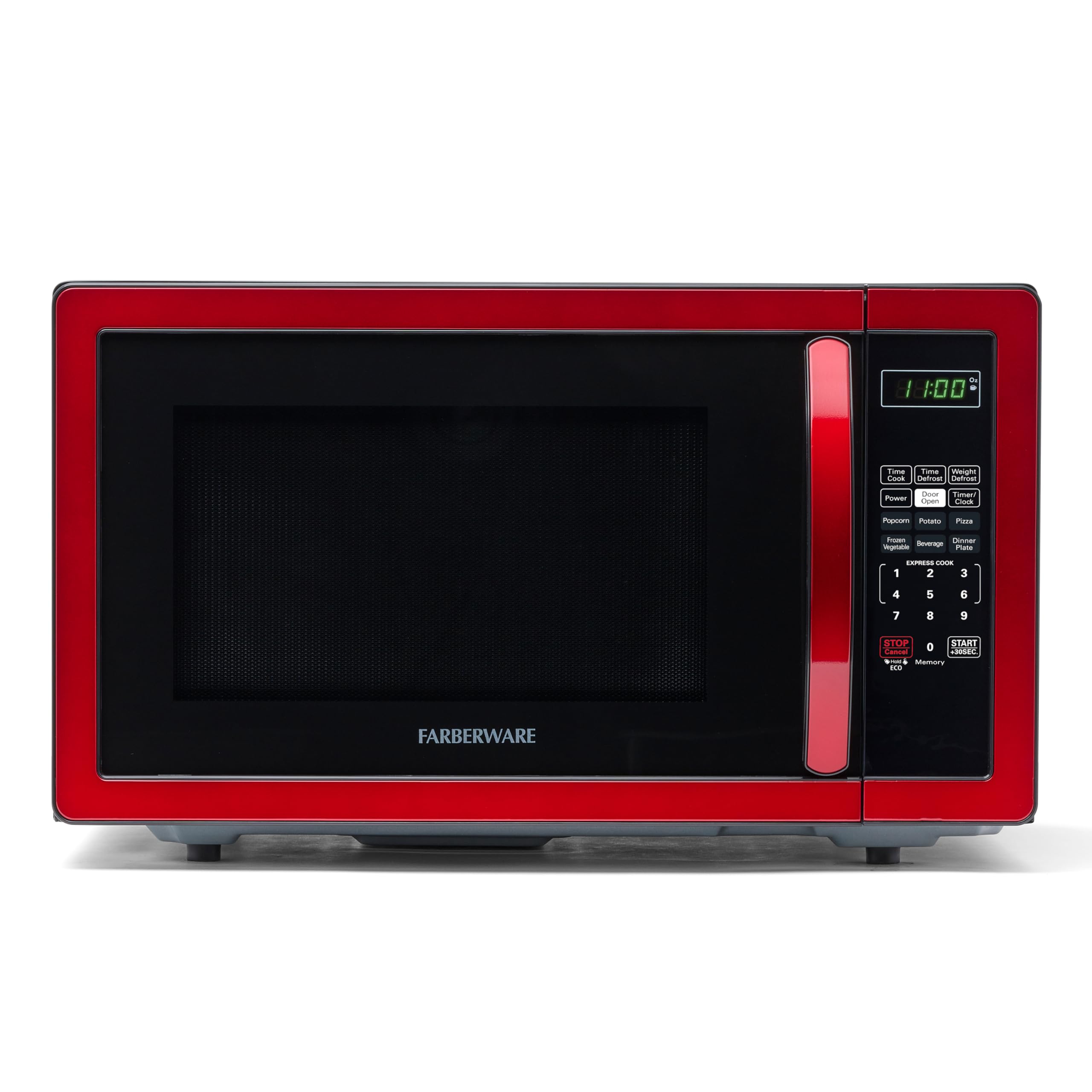 Farberware 1.1 cu ft 1000W Countertop Microwave Oven with LED Lighting & Child Safety Lock - Compact Space-Saving Design for Small Kitchens, Dorms, Apartments - Easy Clean Stainless Steel Red Finish - Perfect for Quick Meals, Reheating Food & Defrosting